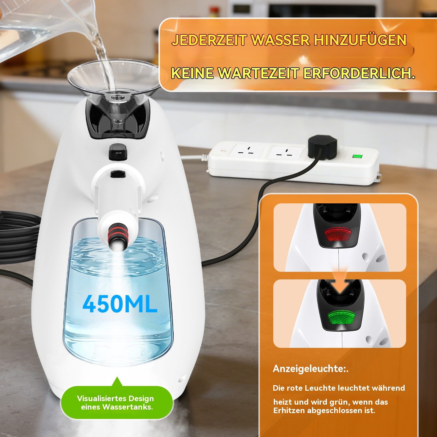 muvano Handdampfreiniger Dampfreiniger,450ml Mehrzweckdampfreiniger mit 11-teiligem Zubehör, 1500 W, für den Heimgebrauch,Reinigung von Böden,Fliesen,Fenstern,Sofas (weiß)