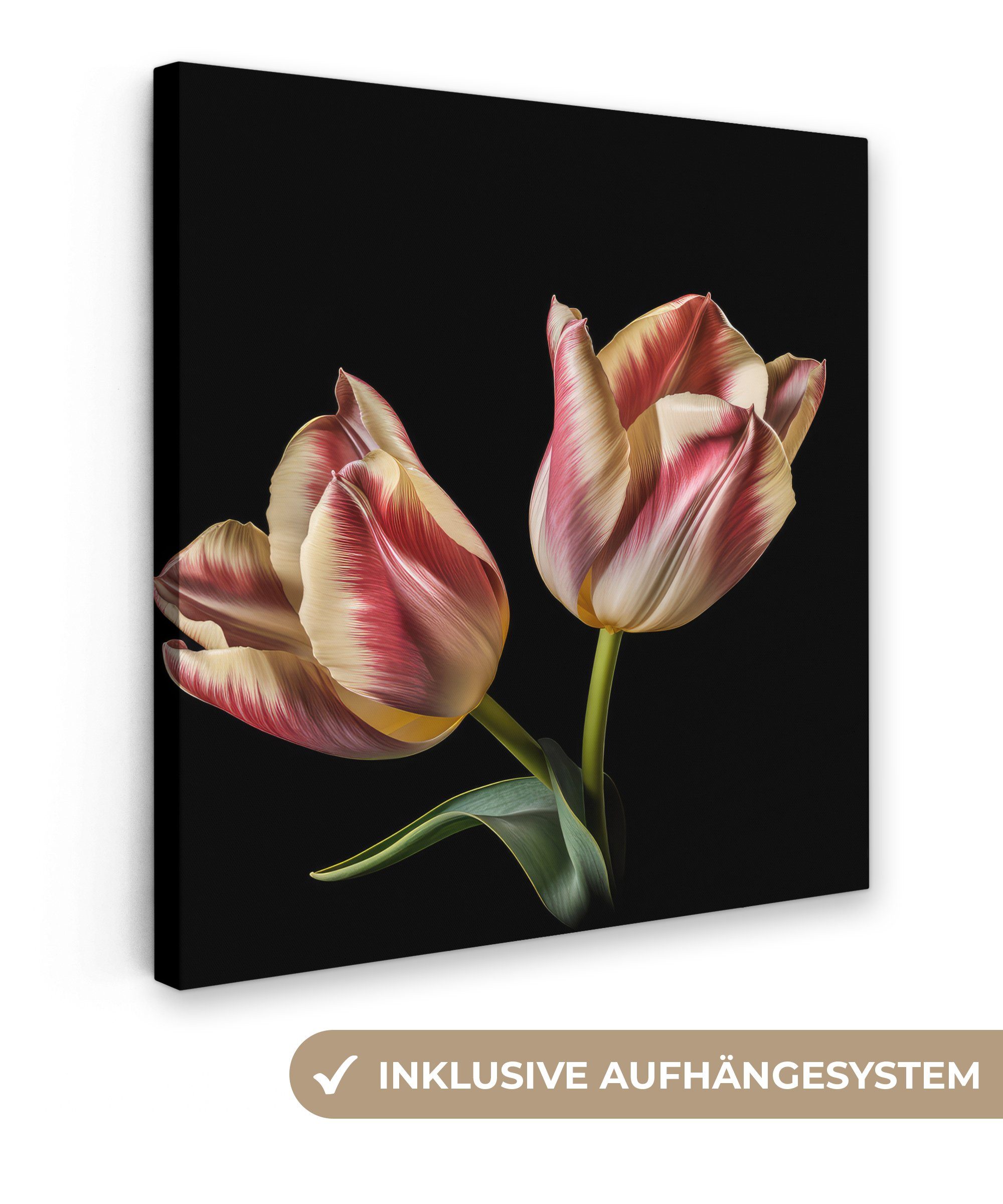 OneMillionCanvasses® Leinwandbild Tulpen - Blumen - Rosa - Weiß - Natur, (1 St), Leinwand Bilder für Wohnzimmer Schlafzimmer, 20x20 cm | Leinwandbilder