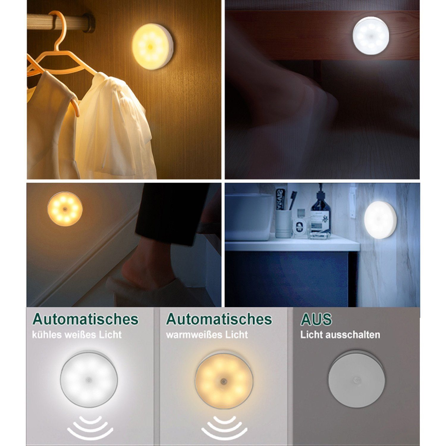 Schlafzimmer Akku für Weißlicht IBETTER USB Bewegungsmelder, LED Treppenlich Wandlampe, Kinderzimmer, mit LED Wandleuchte LED Nachtlicht,mit Nachttischlampe, Aufladbar, Bewegungsmelder, Kabellose Wandlampe,