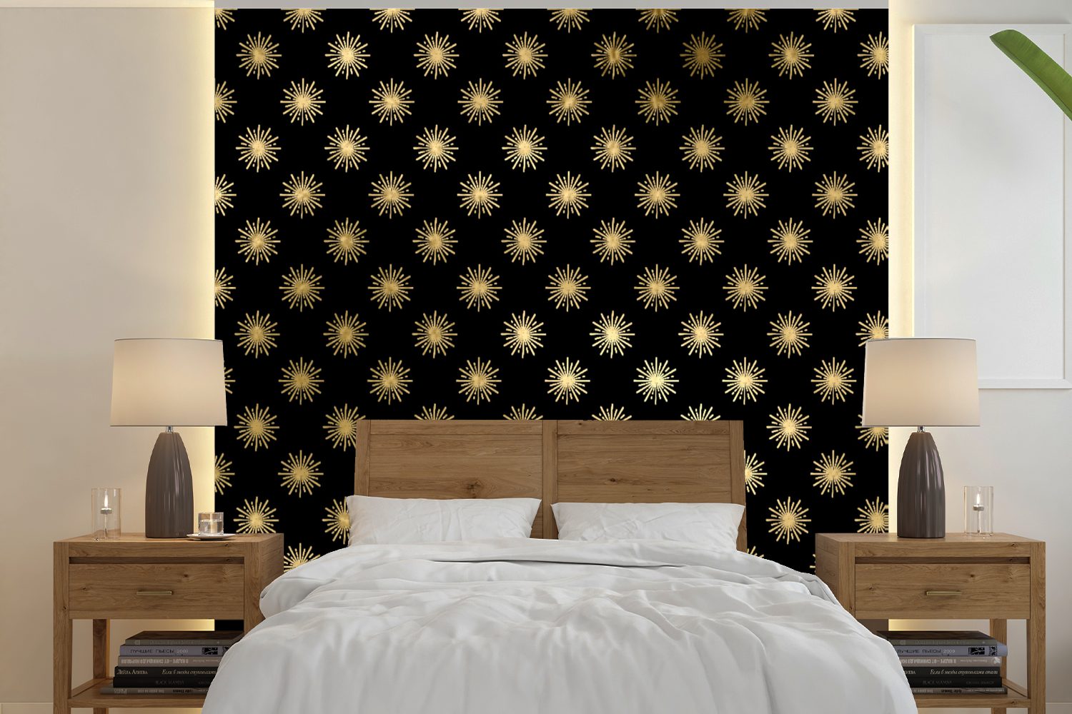 MuchoWow Fototapete Muster - Sonne - Gold, Matt, bedruckt, (5 St), Vinyl Tapete für Wohnzimmer oder Schlafzimmer, Wandtapete