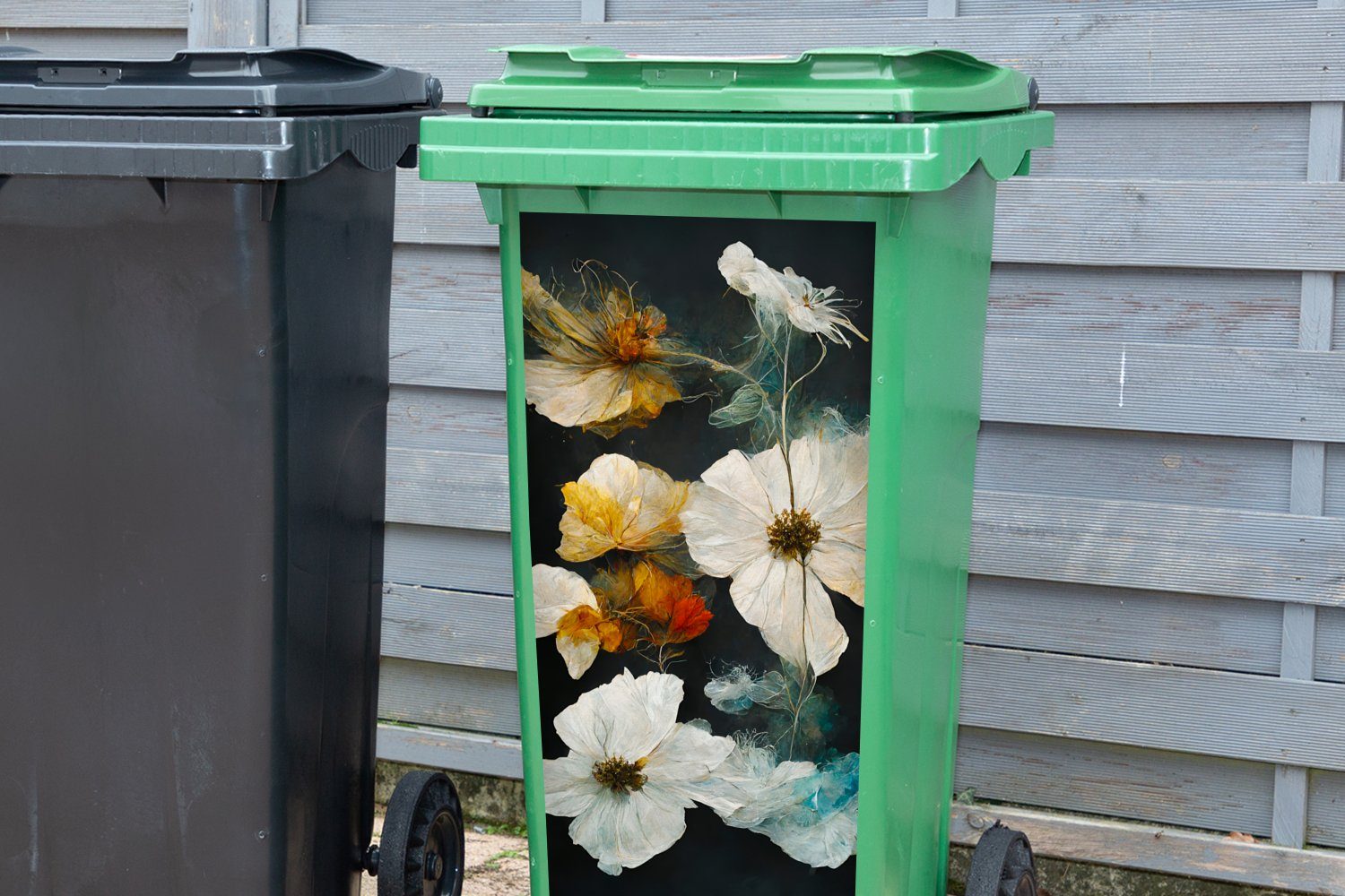 Pflanzen Mülleimer-aufkleber, MuchoWow Weiß - Wandsticker Schwarz - - Blumen St), Container, Abfalbehälter (1 Mülltonne, Sticker,