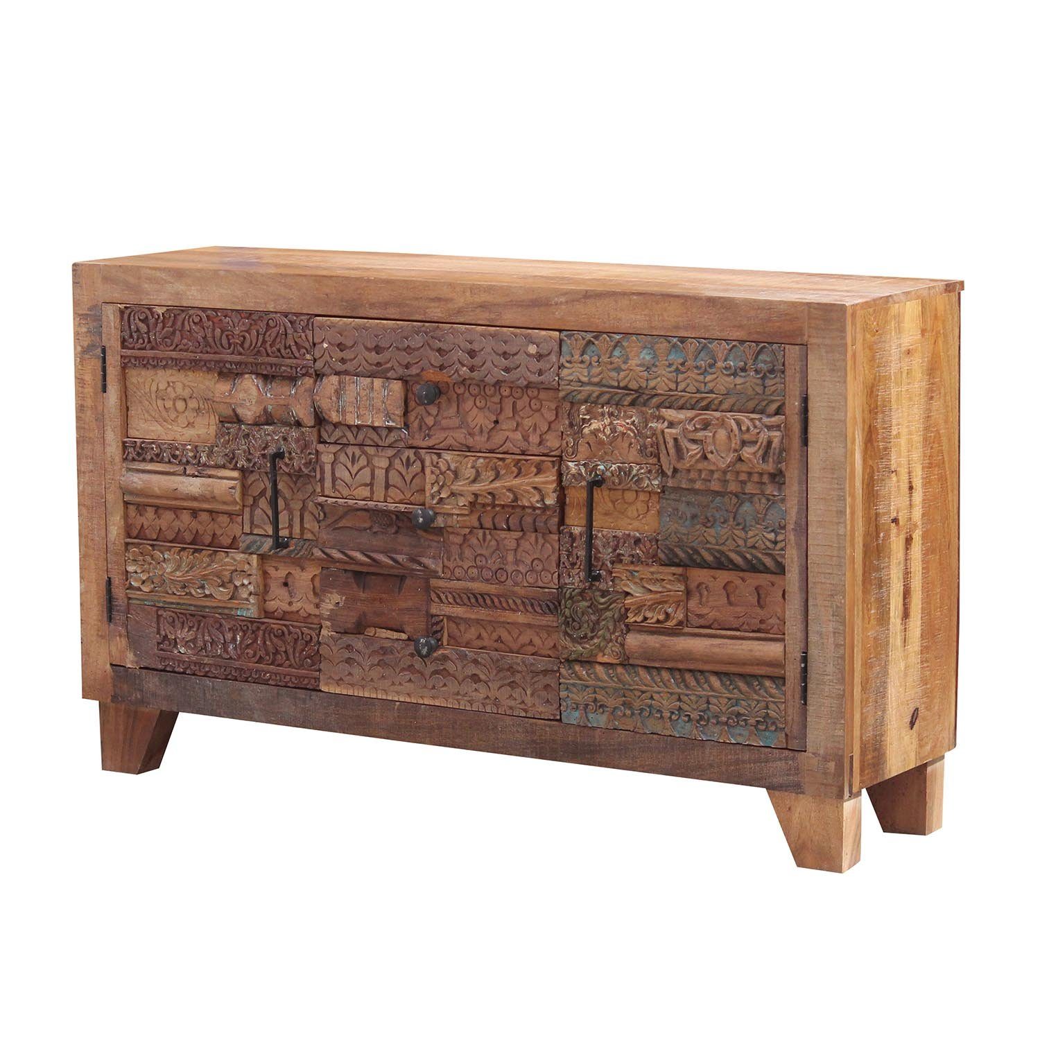 Casa Moro Sideboard Indische Kommode Mara 150x40x90 cm (B/T/H) im Puzzle Design (mit handgeschnitzten Fronten schmales Sideboard breit, aus Massivholz Einfach schöner Wohnen CAC20501320), Designer Kommode