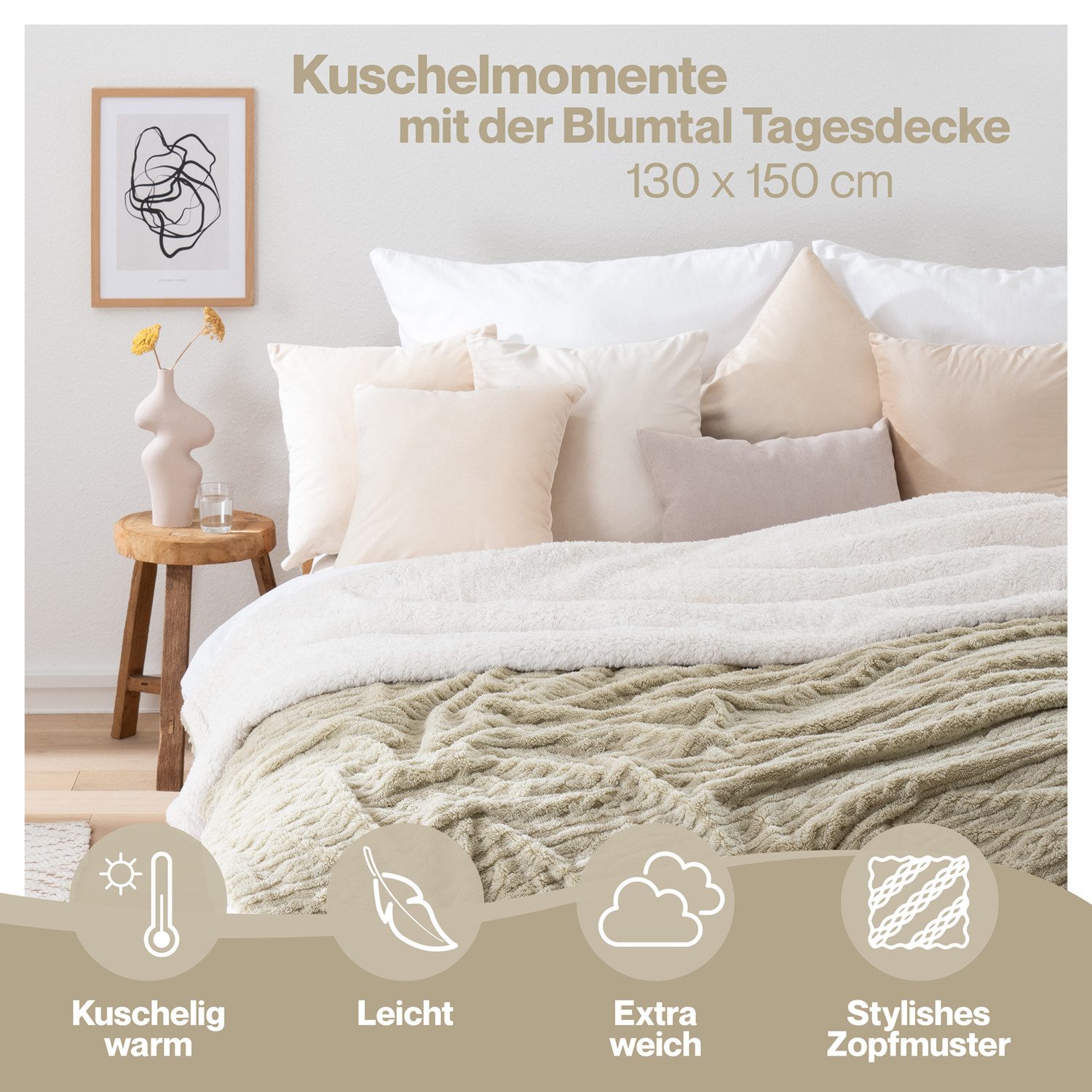 Wohndecke Oeko-TEX zertifizierte waschbare Wohn- & Kuscheldecke, Blumtal, mit weicher Sherpa-Innenseite