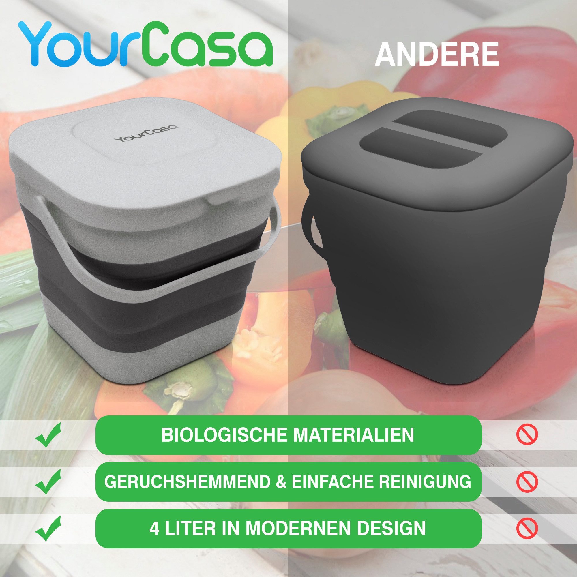 YourCasa Biomülleimer YourCasa® Biomülleimer Küche klein 4L nachhaltig mit Akivkohlefilter, Fassungsvermögen 4L, nachhaltige Materialien