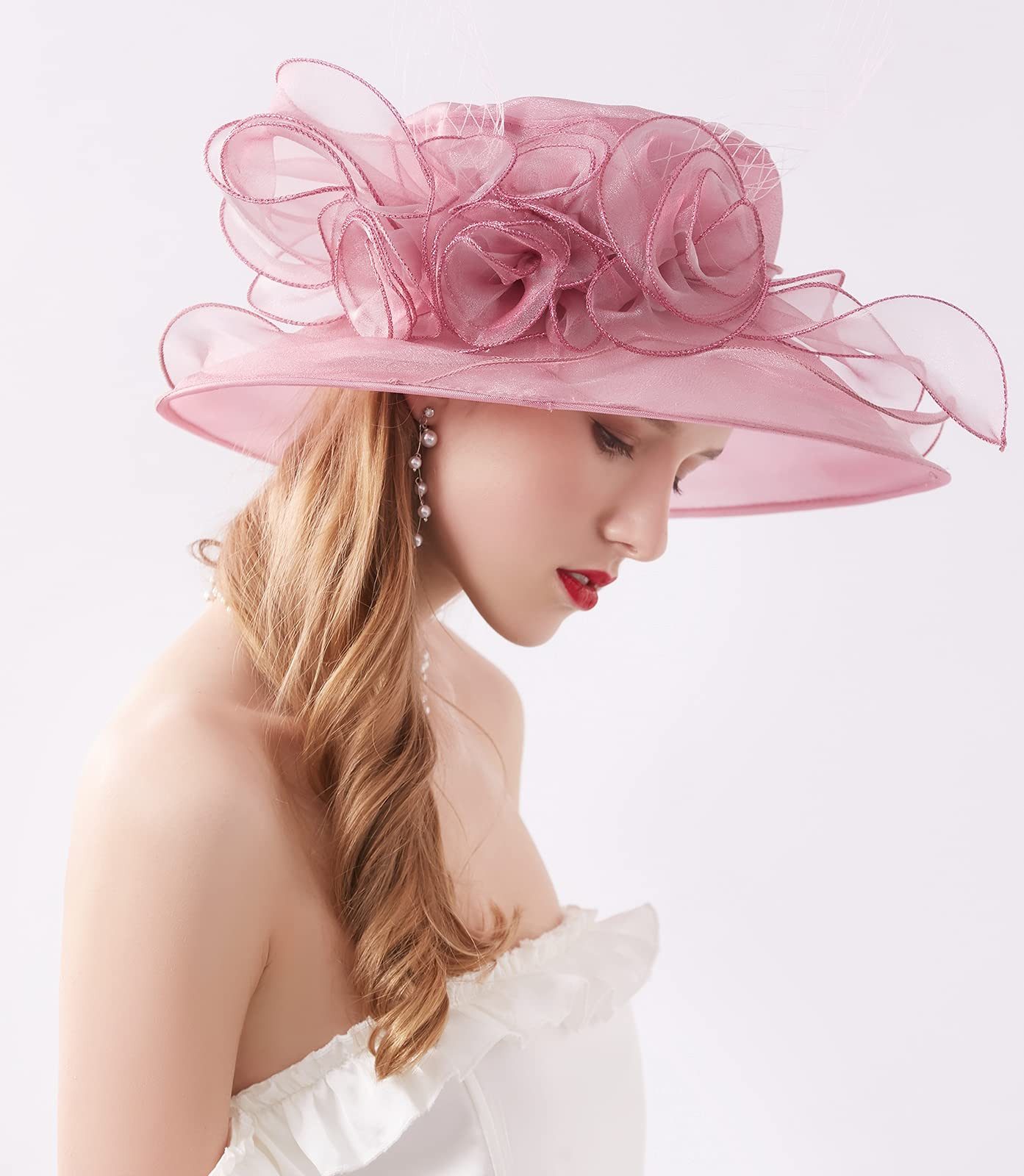 Bwecuy Sonnenhut Damenhut mit breiter Krempe, Blumen- und Blattdekor ideal für Hochzeit, Kirche und Tea Party – Bild 3 von 4