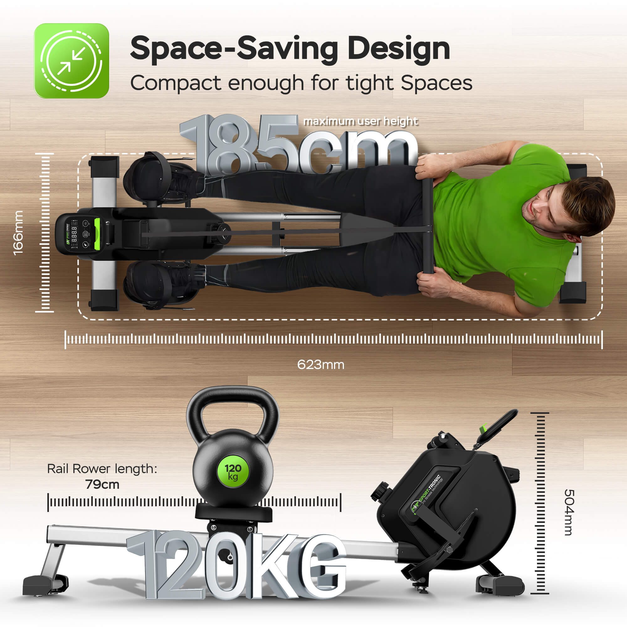 TurboTronic by Z-Line Rudergerät Leises Magnet Doppelgleitschienen-Rudergerät mit 16 Widerstandsstufen (Profi-Fitnesstechnologie, 1-tlg., 90 % Muskelaktivierung), Ganzkörpertraining bis 120 kg Tablet-Halterung & LCD-Computer