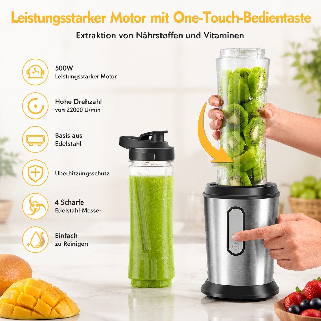 Fofile Standmixer Smoothie Maker Mixer 22.000 U/min mit 2x 600ml blender mixer, 500 W, BPA-frei, 304 Edelstahl Klingen, Motorbasis mit rutschfesten Pads – Bild 5 von 5