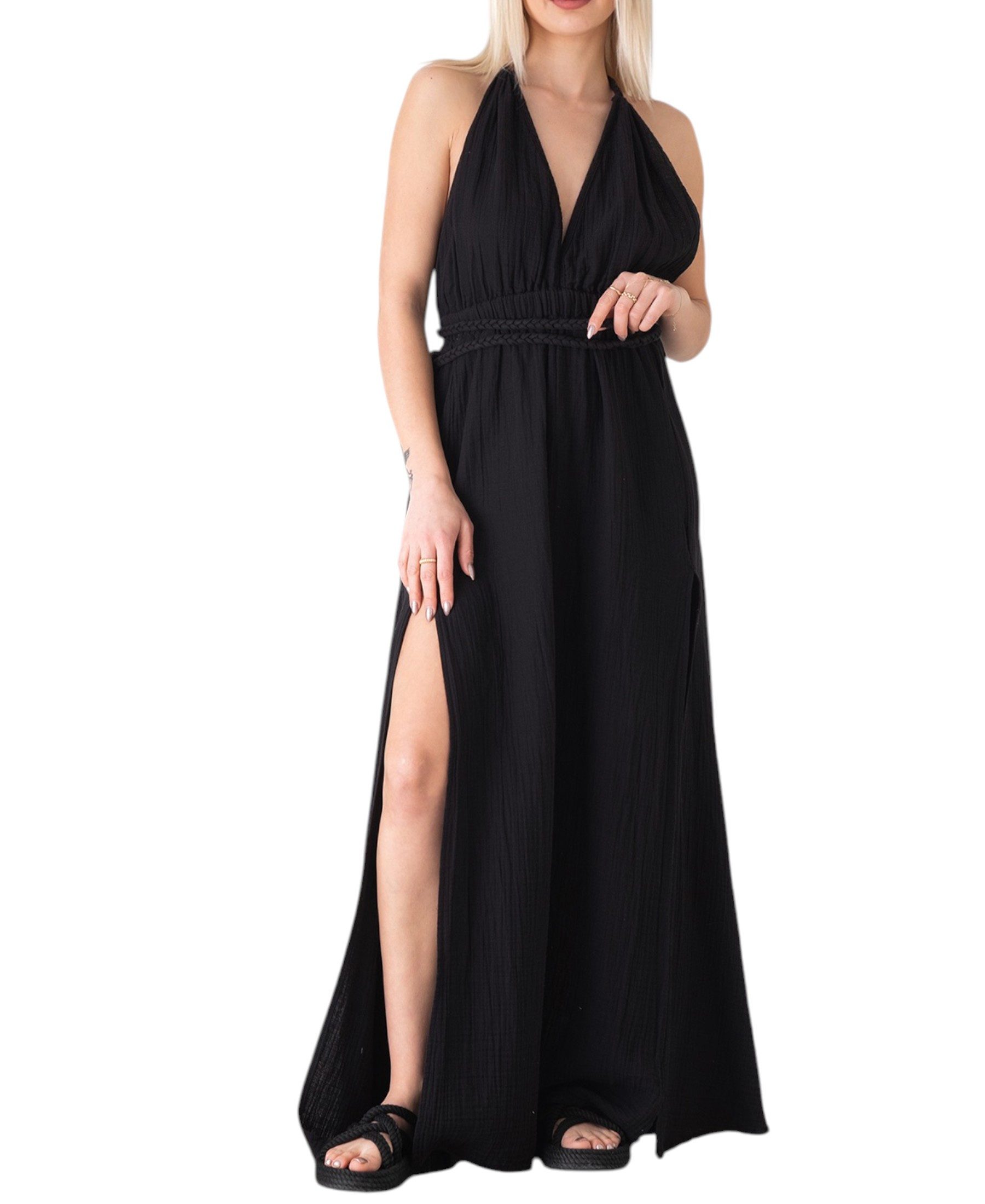 WENOR Sommerkleid mit V-Ausschnitt Bindegürtel & Rückenträger 100% Baumwoll günstig online kaufen