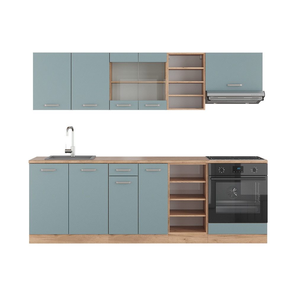 Vicco Küchenzeile R-Line, Blau-Grau/Goldkraft Eiche, 240 cm ohne Arbeitsplatte
