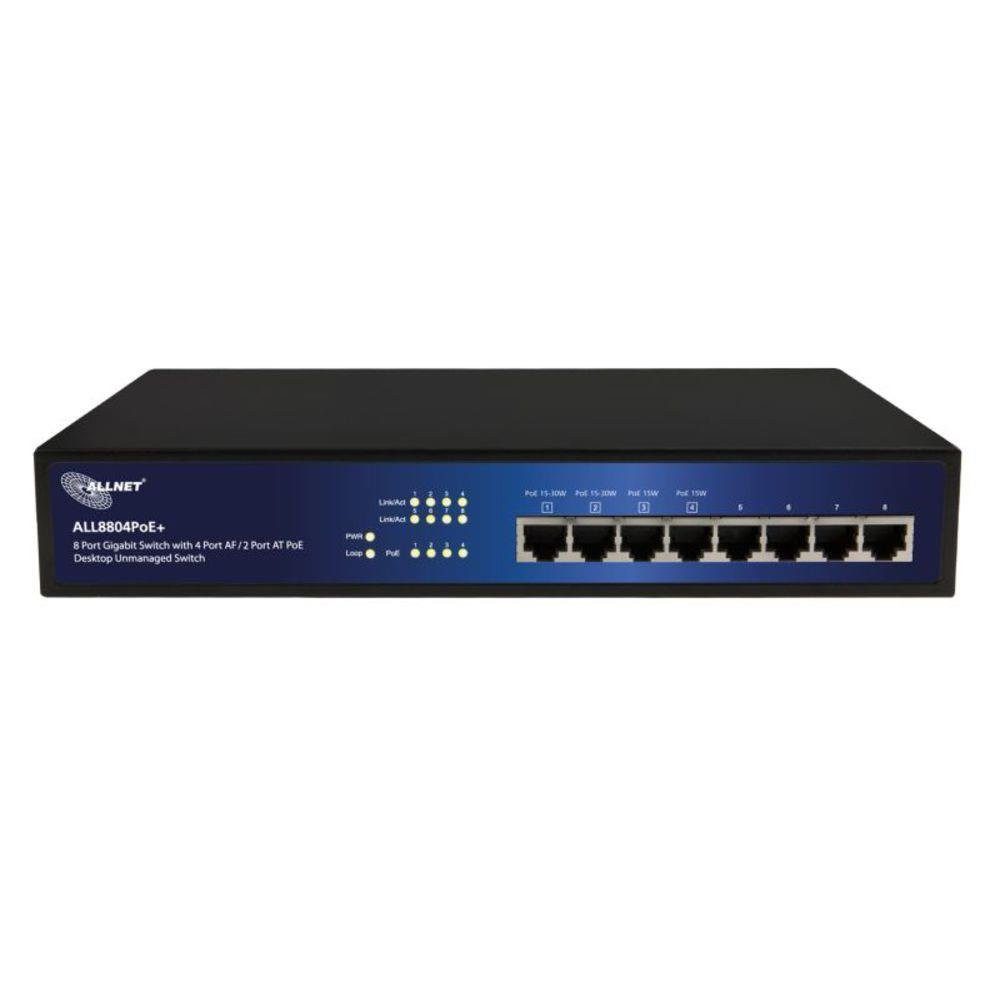 Allnet Allnet Switch Netzwerk-Switch (8 Port 10/100/1000TX 2x PoE+ oder 4x PoE, 19", lüfterlos ALL8804PoE)