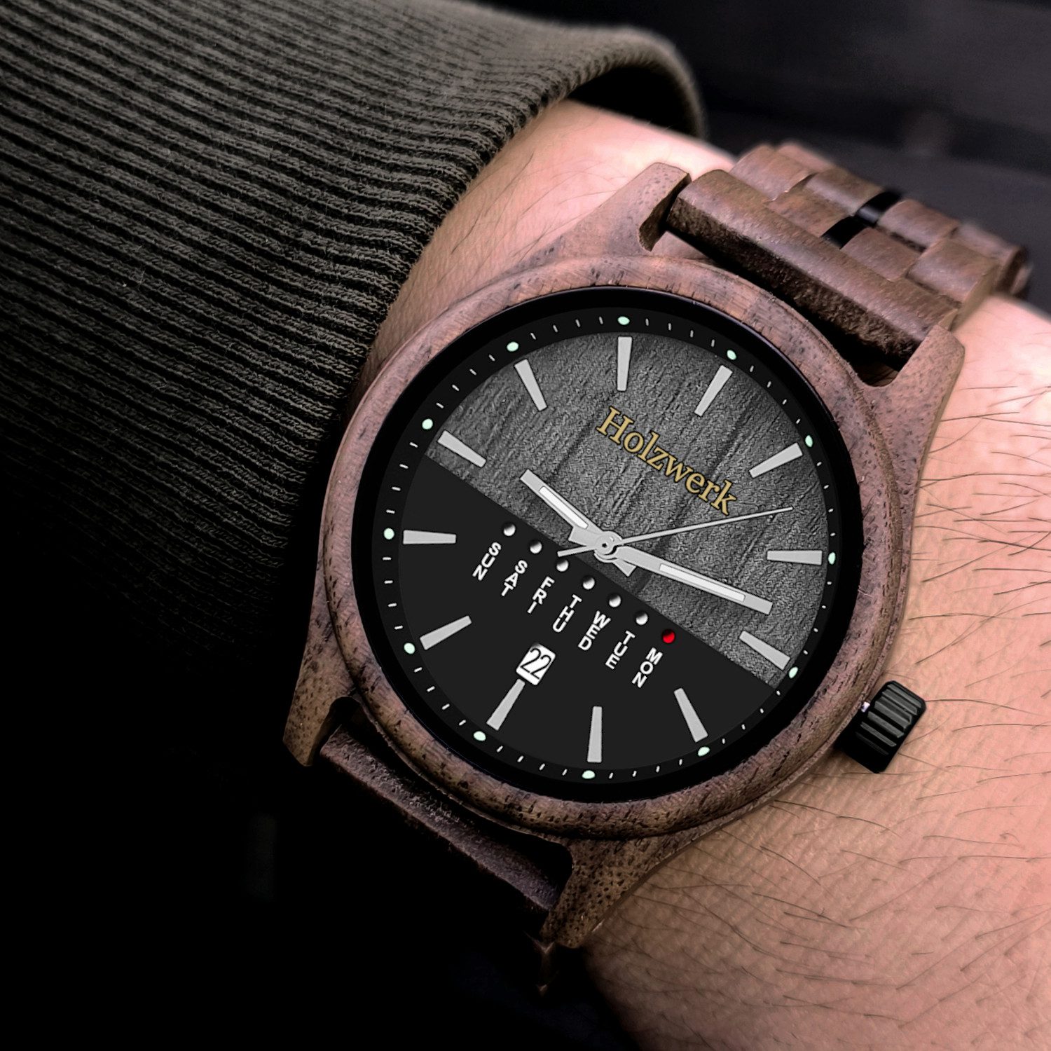 Holzwerk Quarzuhr KÖLN Designer Holz Armbanduhr mit Datumsanzeige in braun, schwarz KÖLN