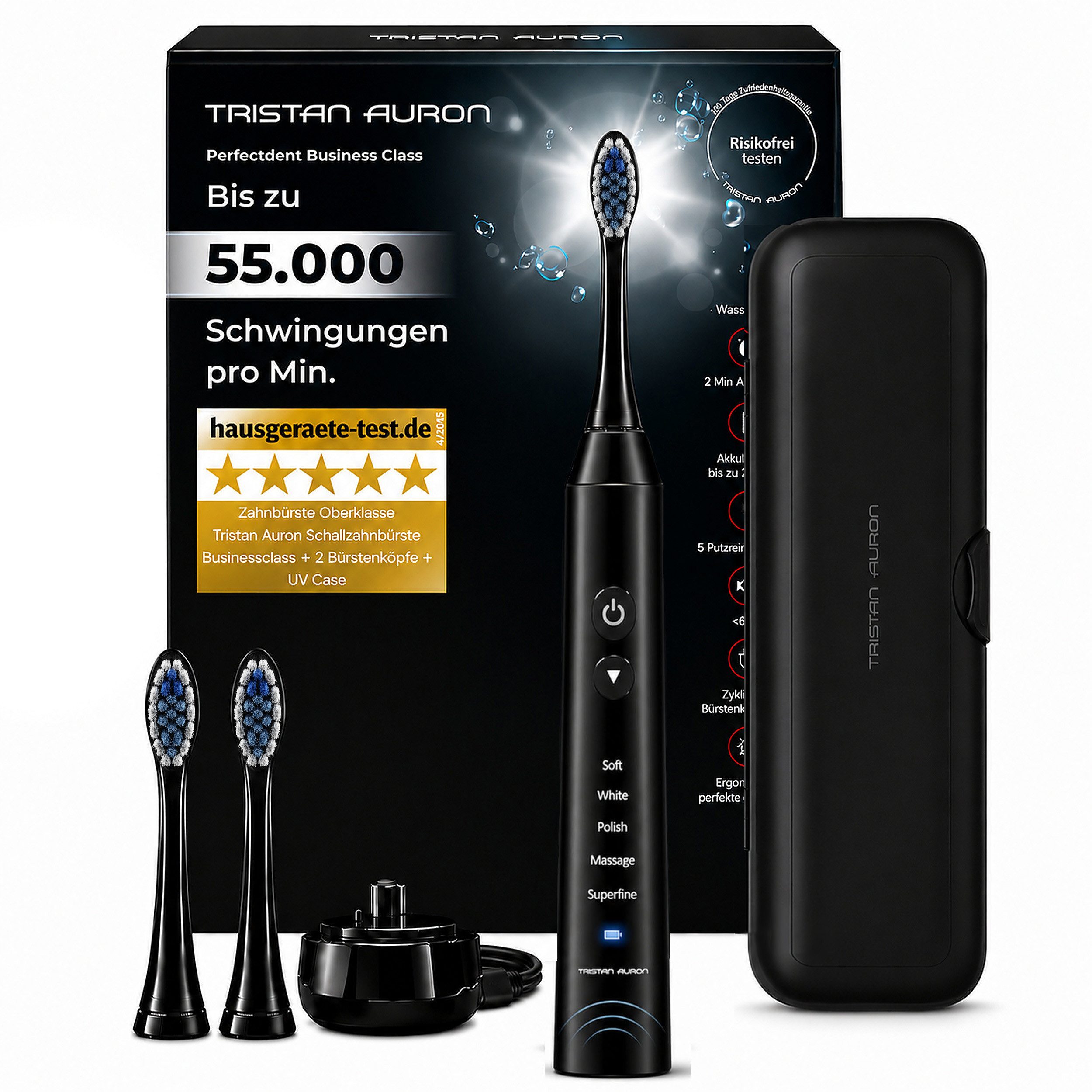Tristan Auron Schallzahnbürste Elektrische Zahnbürste 55.000 VPM 5 Modi 60 Tage Akku IPX7 2 Min Timer, Aufsteckbürsten: 2 St., 2xBürstenköpfe, 1xelektrische Zahnbürste, 1x Ladestation, Sehr leise <65dB, ergonomisch angepasst, Ladestation, Wasserdicht