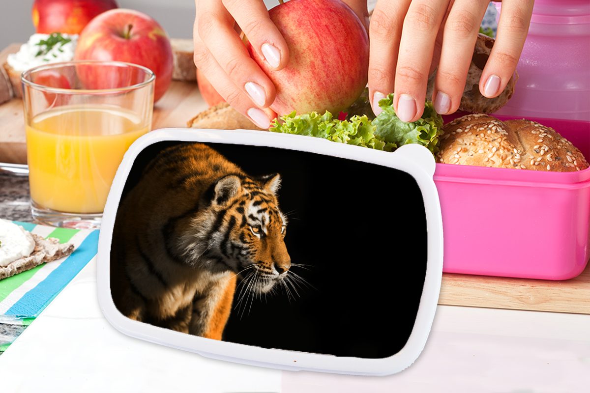 Brotdose Snackbox, Mädchen, Brotbox (2-tlg), - für Erwachsene, - Kinder, Tiger Jagd MuchoWow Kunststoff, Kunststoff Sonne, Lunchbox rosa