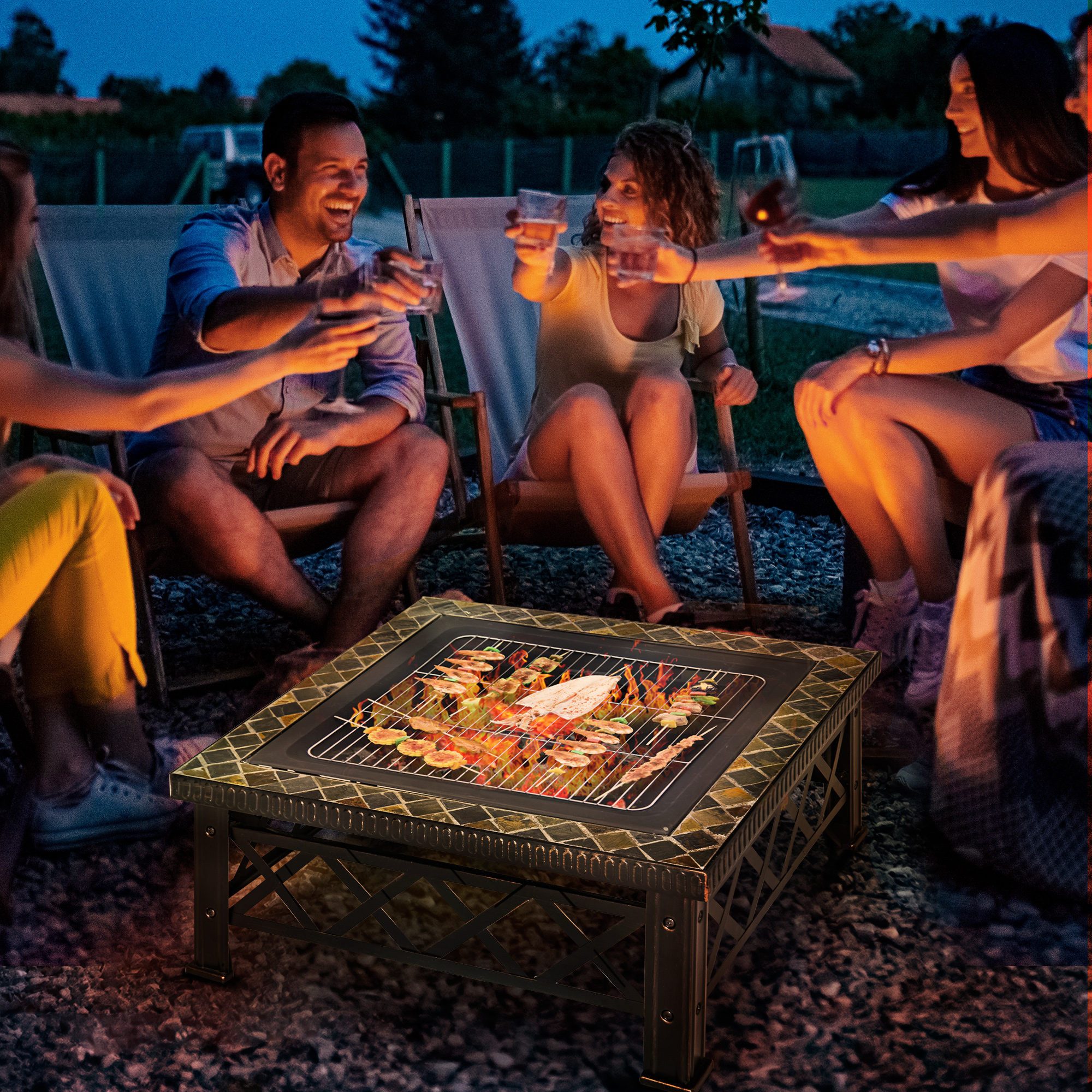 Outsunny Feuerschale Feuerstelle mit Funkenschutz Grillrost Eiskübel Garten BBQ, (3-in-1 Feuerschale, 1-St., Feuerkorb), Schwarz 76 x 76 x 47cm