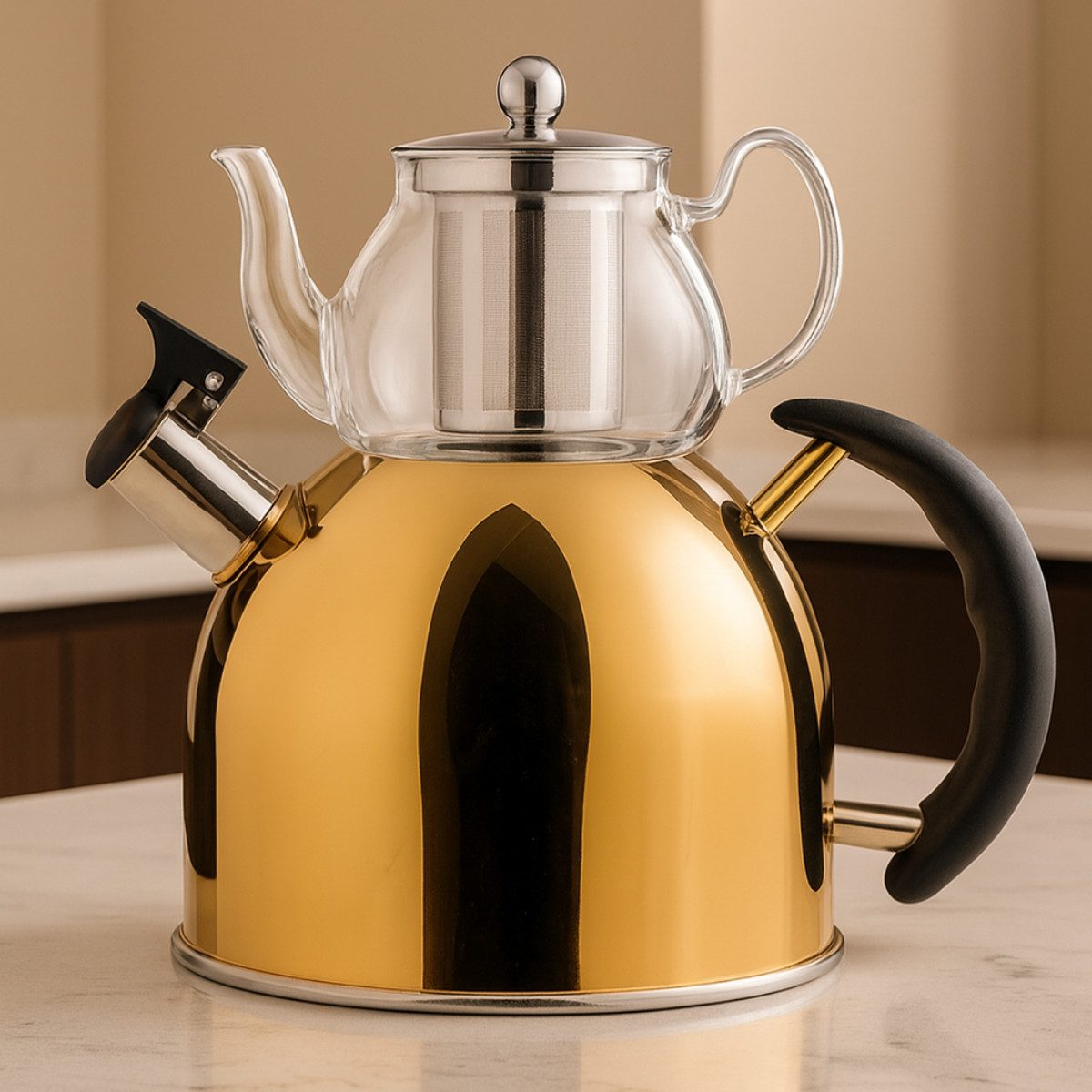 alesvelt Caydanlik-Teekanne Gaya Retro 2er Set Glaskanne Hitzebeständig 2,5 L