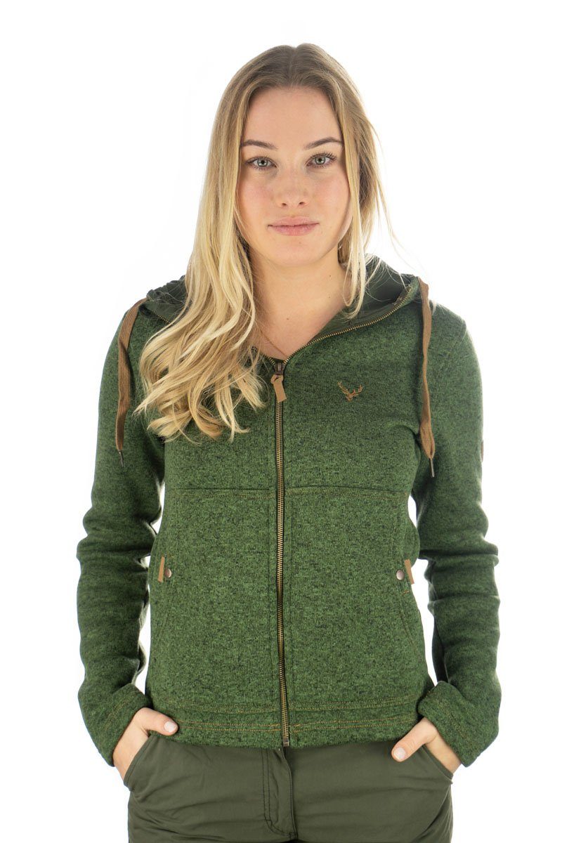 Tom Collins Strickfleecejacke Adisur Damen Kapuzenjacke mit Hirsch-Stickerei auf der Brust