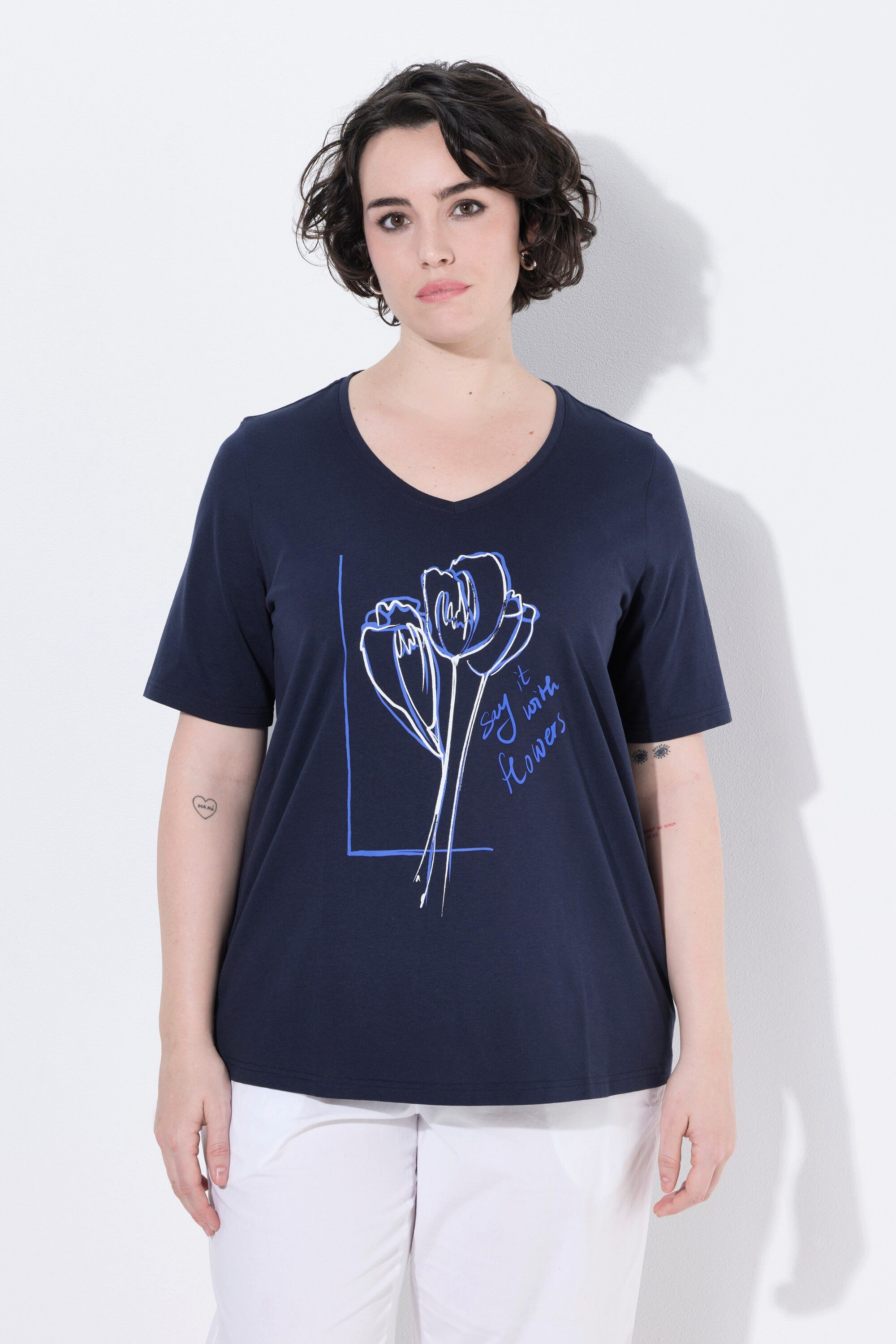Ulla Popken T-Shirt T-Shirt Blumen Classic V-Ausschnitt Halbarm