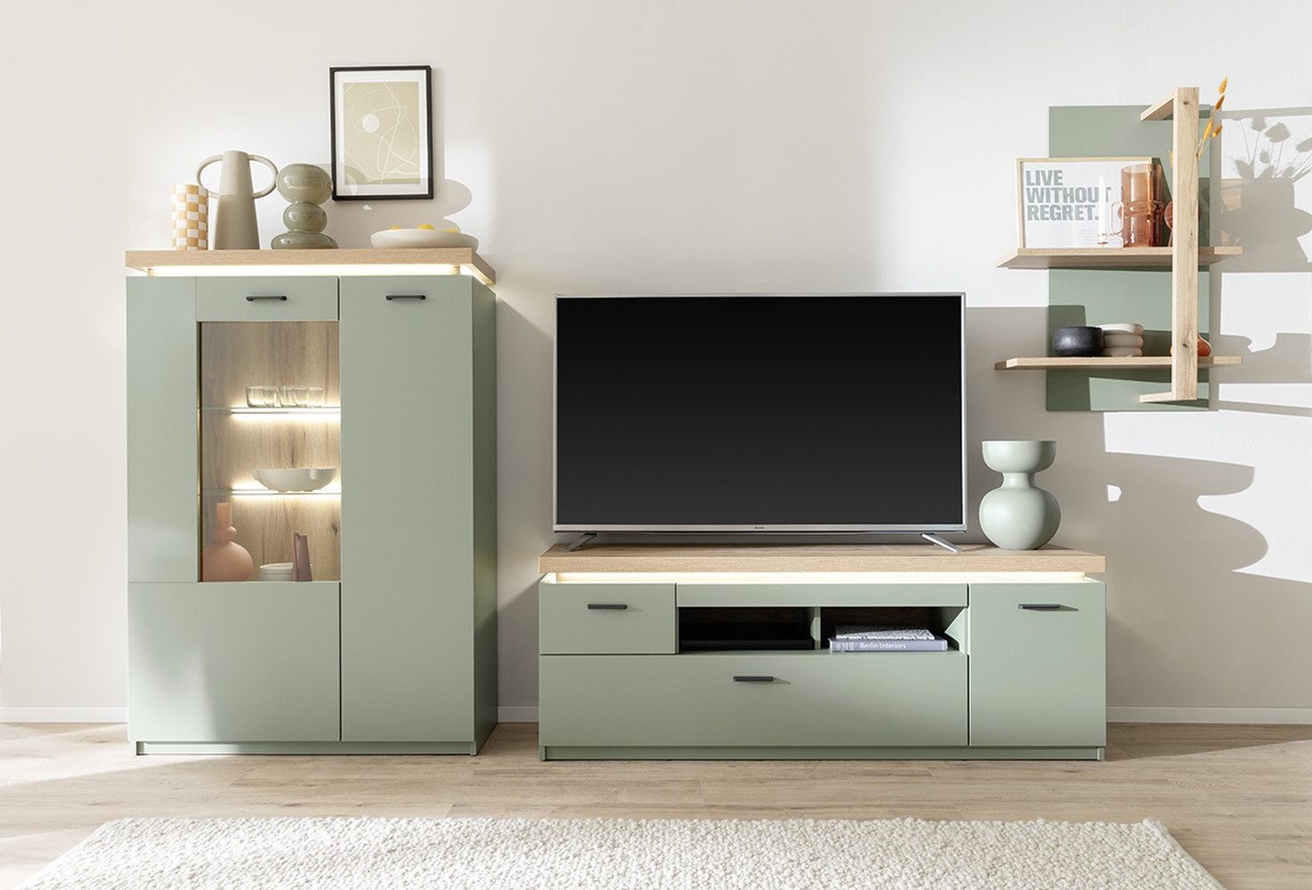 MCA furniture Wohnwand (3-teilig) mit LED, Salbei grün/Eiche Evoke Dekor - 324x198x44 (BxHxT)