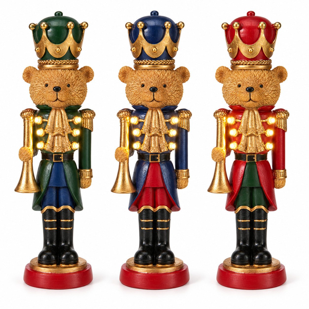 matrasa Nussknacker Teddy mit leuchtenden Knöpfen – Weihnachtsdeko Bär, Polyresin 27 cm, (Set, 3-tlg), Dekofigur für Adventszeit