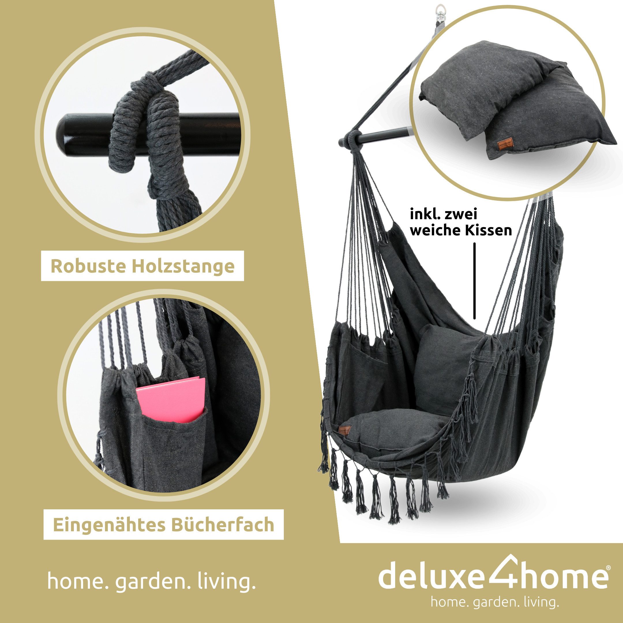 deluxe4home Hängesessel Hängeschaukel, Deckenschaukel Indoor & Outdoor I, inkl. Kissen, Kuscheldecke & Getränkehalter