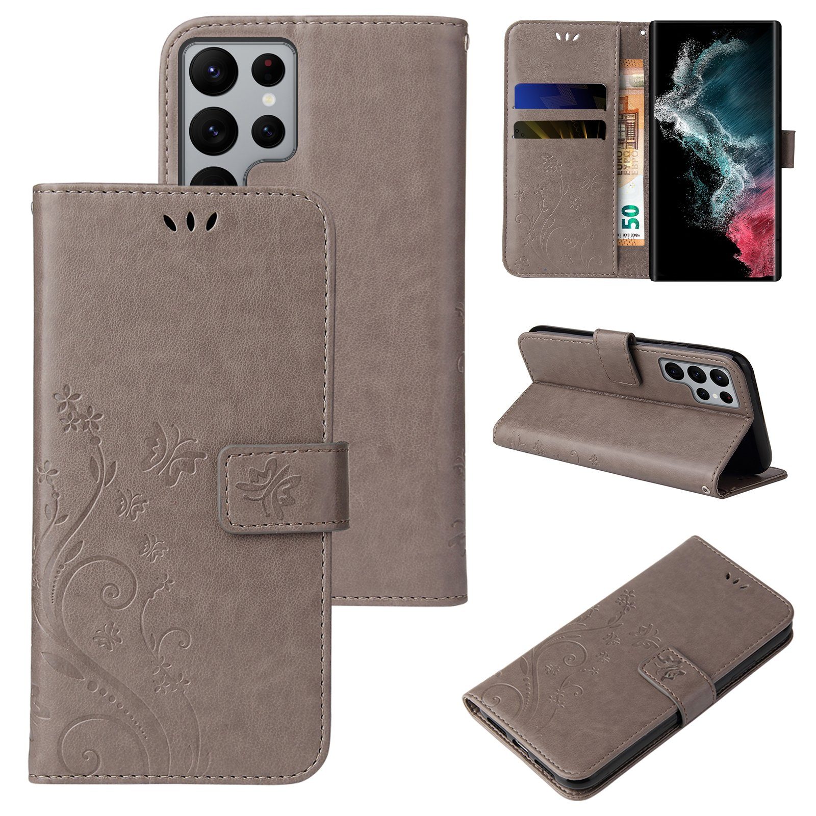 Tec-Expert Handyhülle Cover Tasche Hülle für Samsung Galaxy S22 Ultra 6,8 Zoll, Klapphülle Case mit Kartenfach Fliphülle aufstellbar, Motiv Blumen