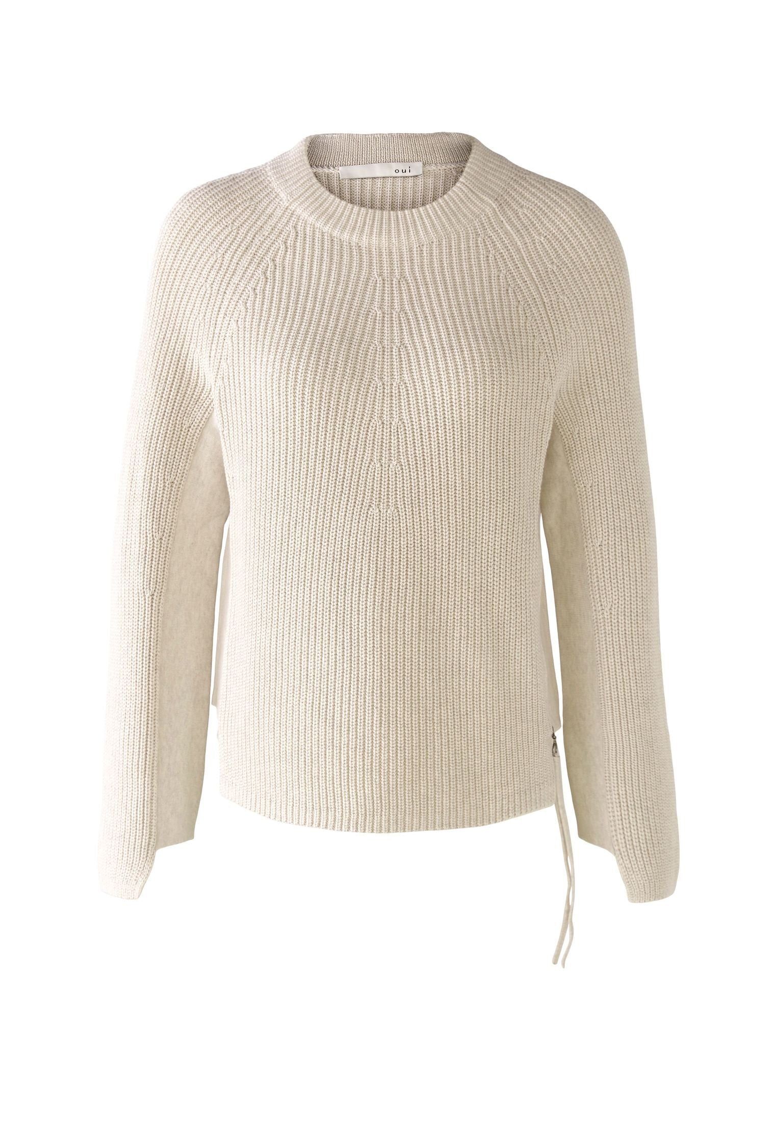 Oui Rundhalspullover Pullover RUBI mit melang offwhite Reißverschluss