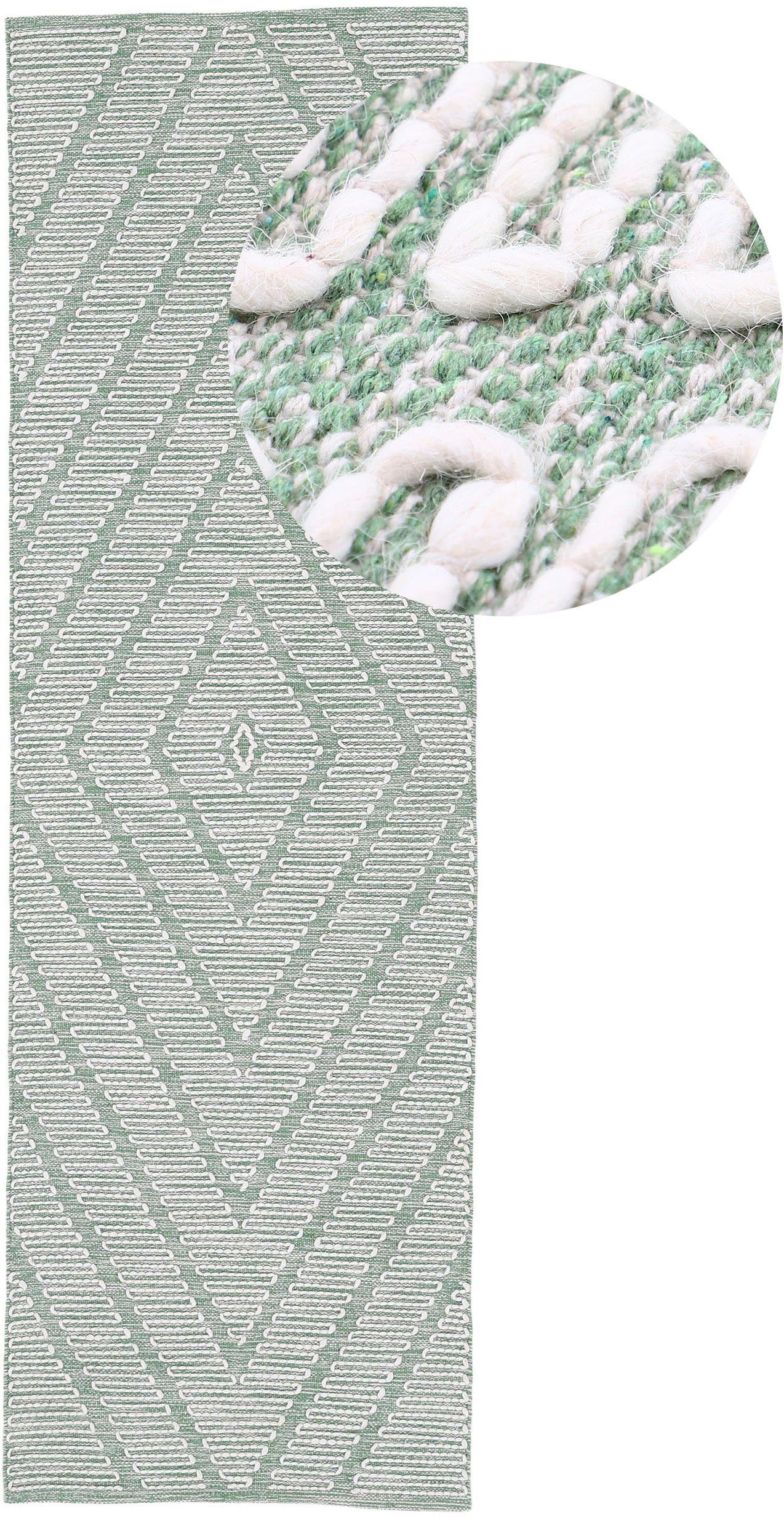 Kelim carpetfine, geometrisch, handgewebt, 5 mm, Effekt, grün Hoch-Tief Höhe: Handweb, Baumwolle rechteckig, reine Durry, Läufer