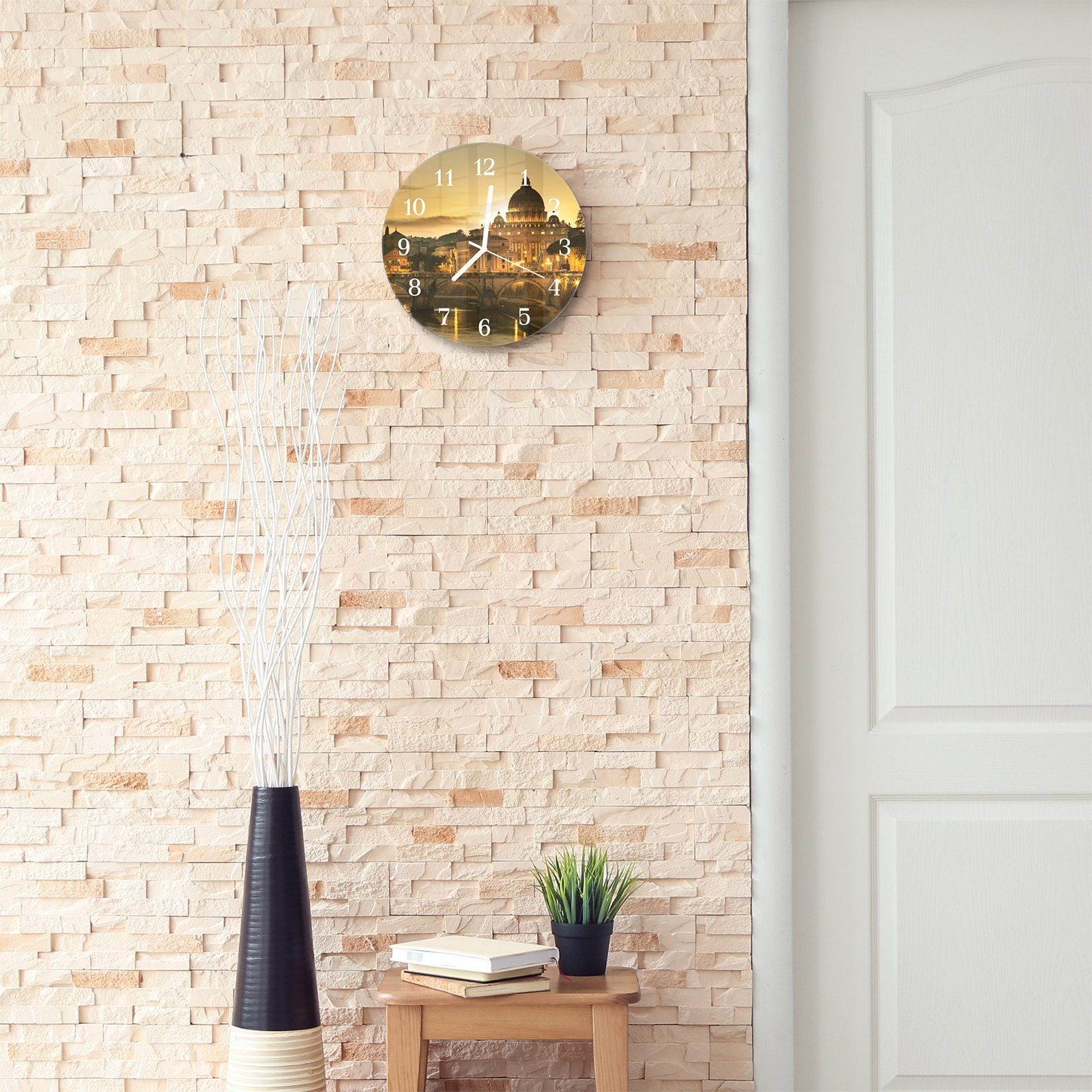 mit Durchmesser cm Wanduhr in Rund Primedeco Wanduhr mit Motiv Italien - Sonnenuntergang 30 Quarzuhrwerk und Glas aus