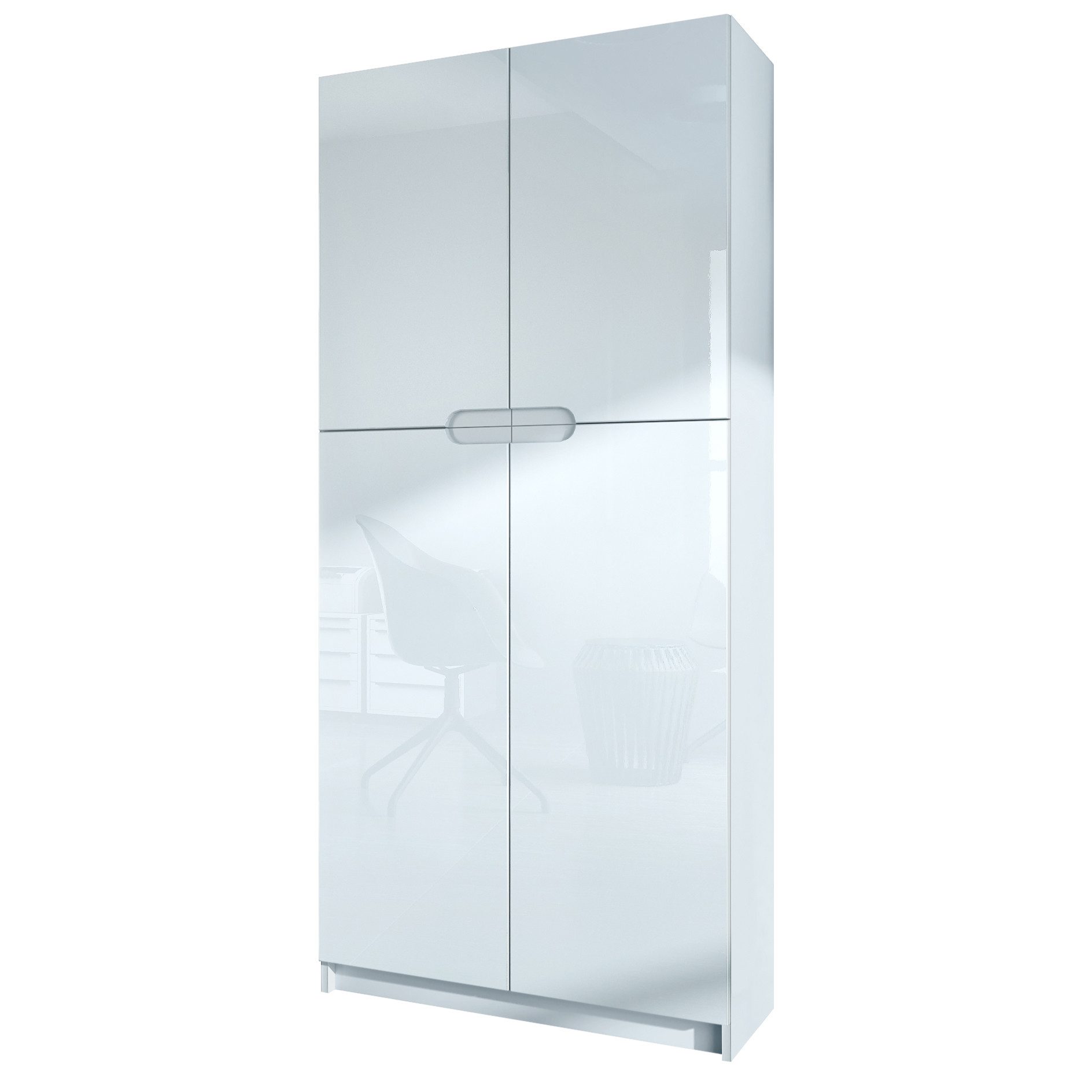 Vladon Aktenschrank Logan (Aktenschrank, mit 5 Fächern und 4 Türen) Weiß matt/Weiß Hochglanz (82 x 185 x 37 cm)