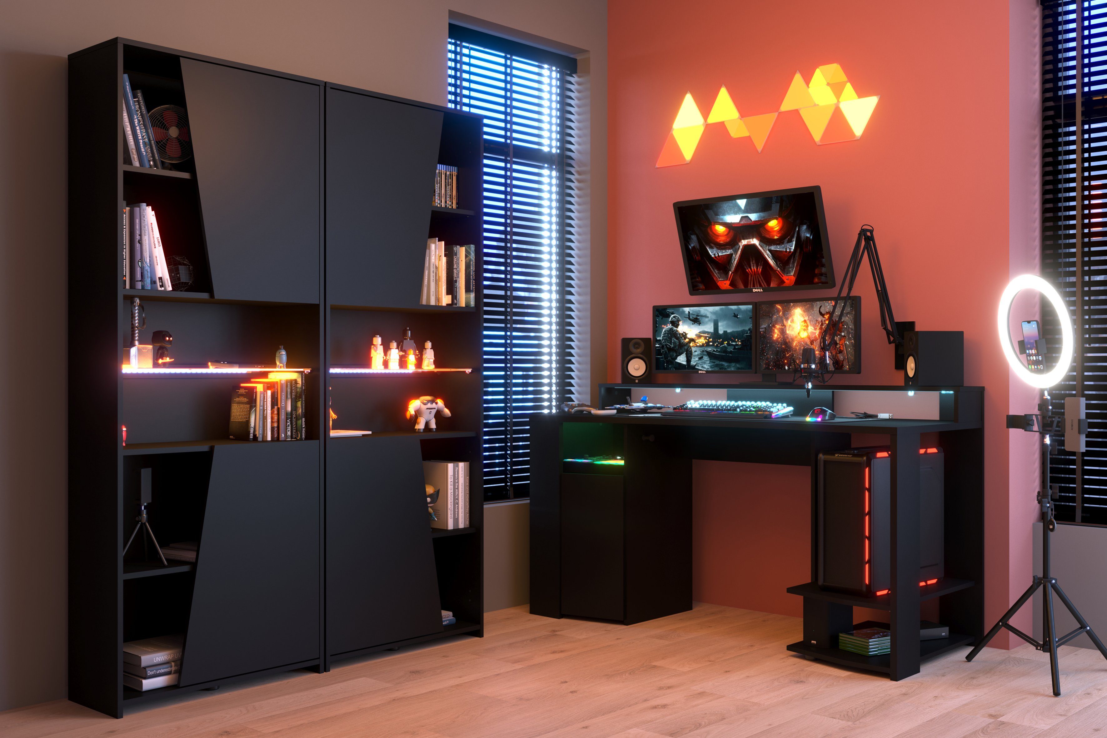 Parisot Gamingtisch Gaming in Schwarz (Komplett Set, 3-St., Komplett Set), LED Beleuchtung, Aufhängung für Kopfhörer
