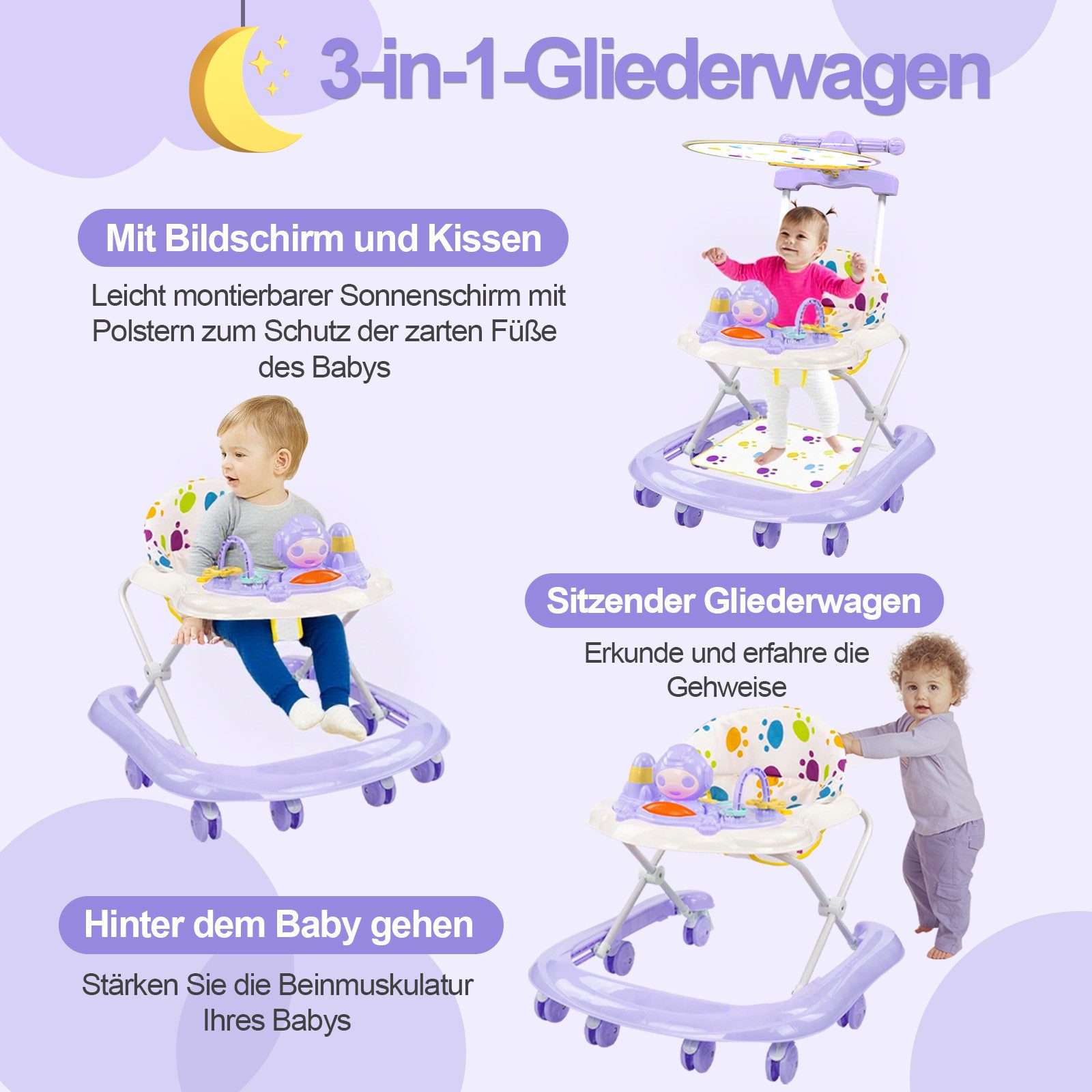 MOPUEA Lauflernwagen Lauflernwagen Spiel-und Laufwagen 4in1 Babywalker mit Kindermelodien, (Stabiler X-Rahmen mit integriertem Stoßschutz), Kompakt faltbar und einfach zu transportieren