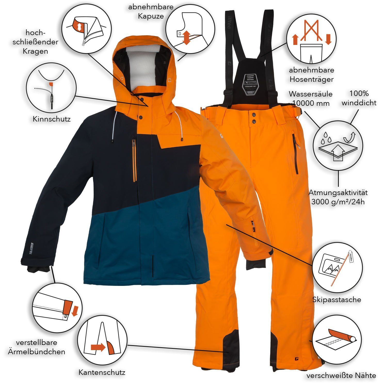 Killtec Skianzug Herren Skijacke + Skihose (blau/orange/schwarz, Gr. XXL) günstig online kaufen