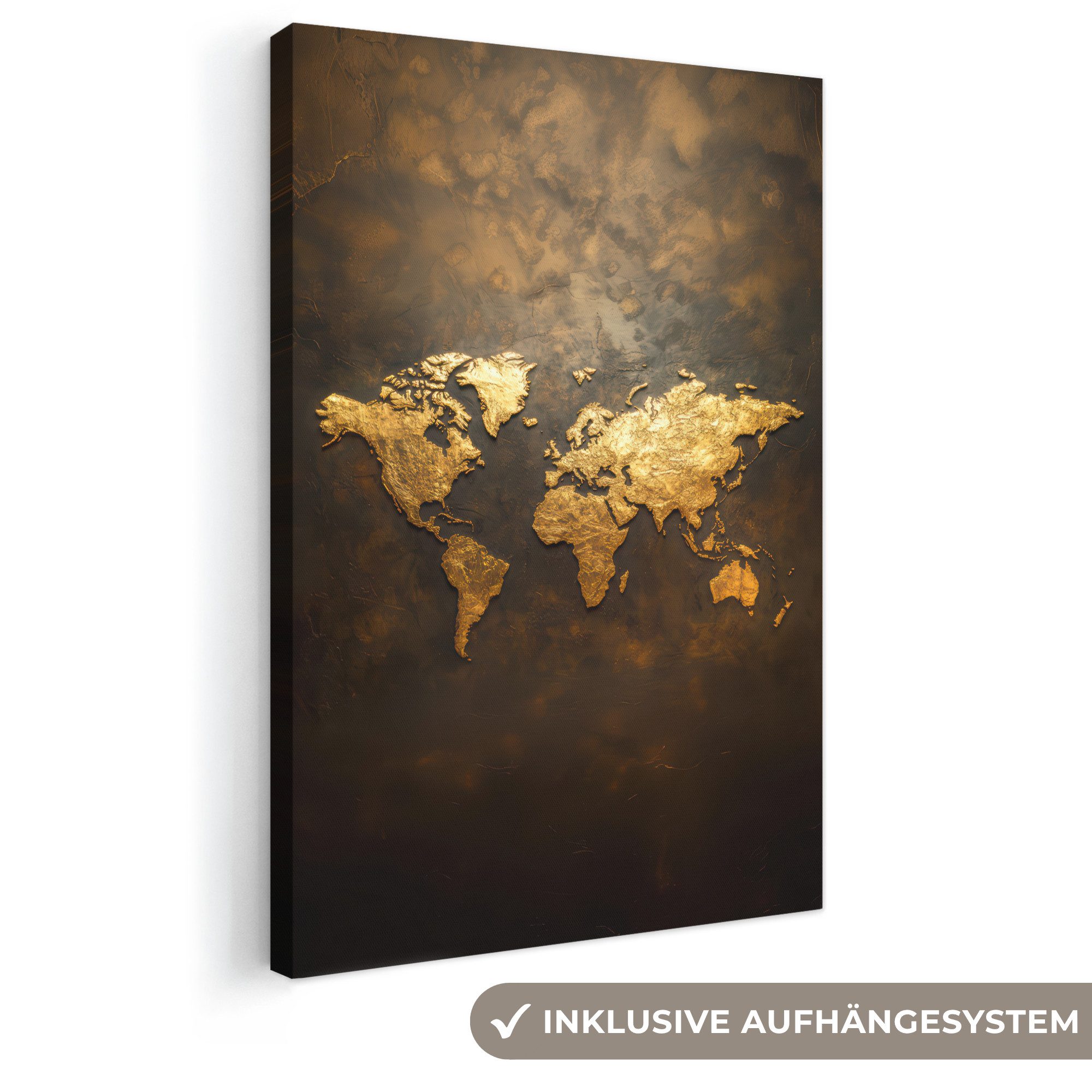 OneMillionCanvasses® Leinwandbild Weltkarte - Gold - Rost, Fotodruck (1 St), Leinwand Canvas Wandbild, Wanddekoration 20x30 cm