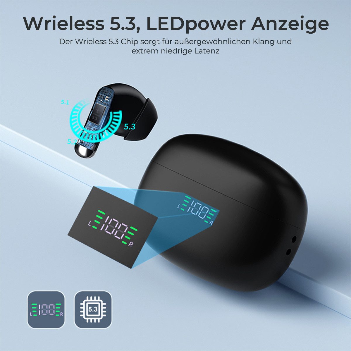 VSIUO TWS Bluetooth Kopfhörer Kabellos Bluetooth 5.3 Earbuds mit LED-Ladebox In-Ear-Kopfhörer (ENC Lärmreduzierung,Touch Control, IPX7 Wasserdicht, Noise Cancelling Ohrhörer, Bluetooth Kopfhörer mit HD Mikrofon,True Wireless, Noise Cancelling, Bluetooth, Bluetooth Kopfhörer Geräuschunterdrückung für Sport,Arbeit, Studium)