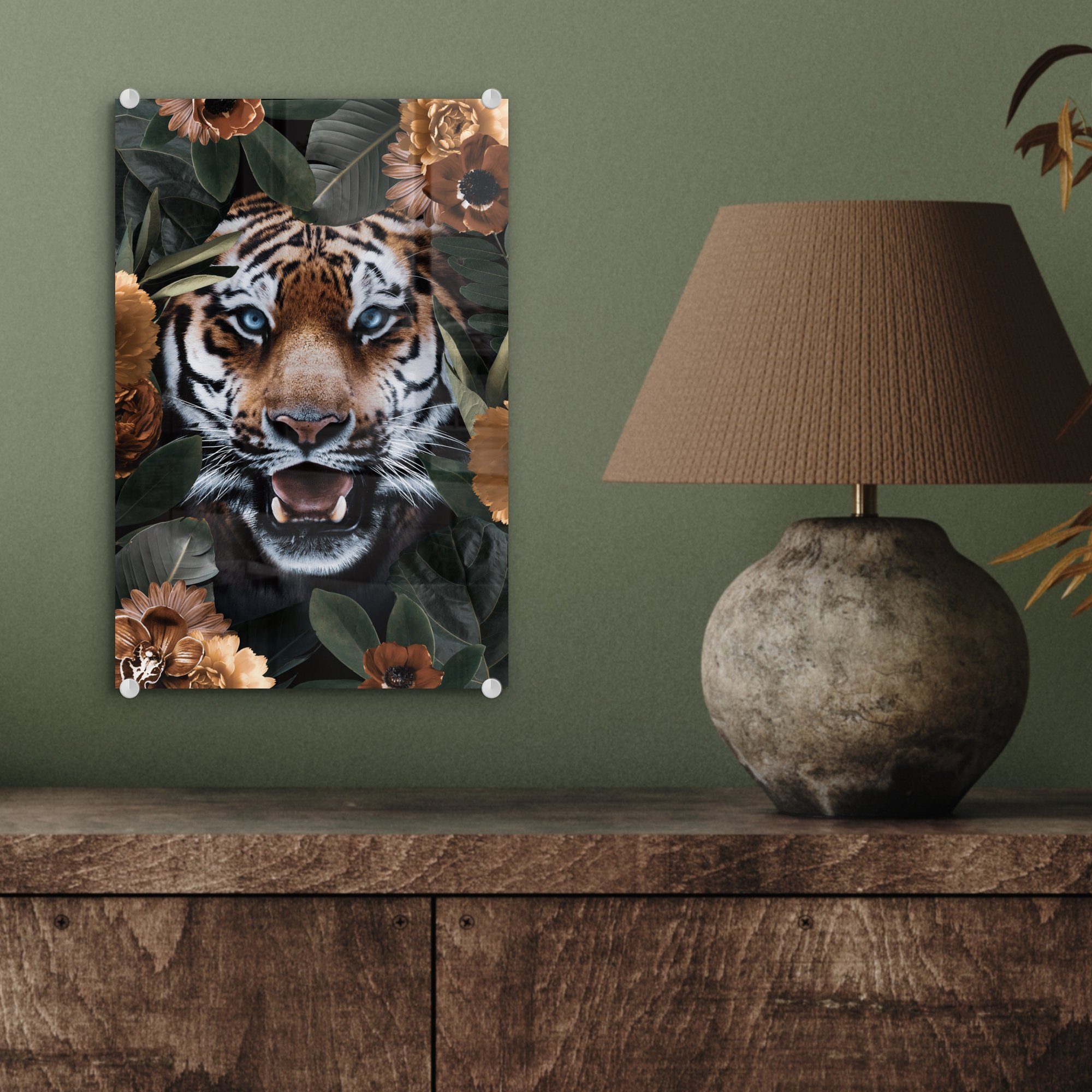 St), auf Blume, - Brüllen Acrylglasbild (1 Bilder MuchoWow Wanddekoration Foto - Wandbild - bunt Tiger - auf Glas - Glas Glasbilder