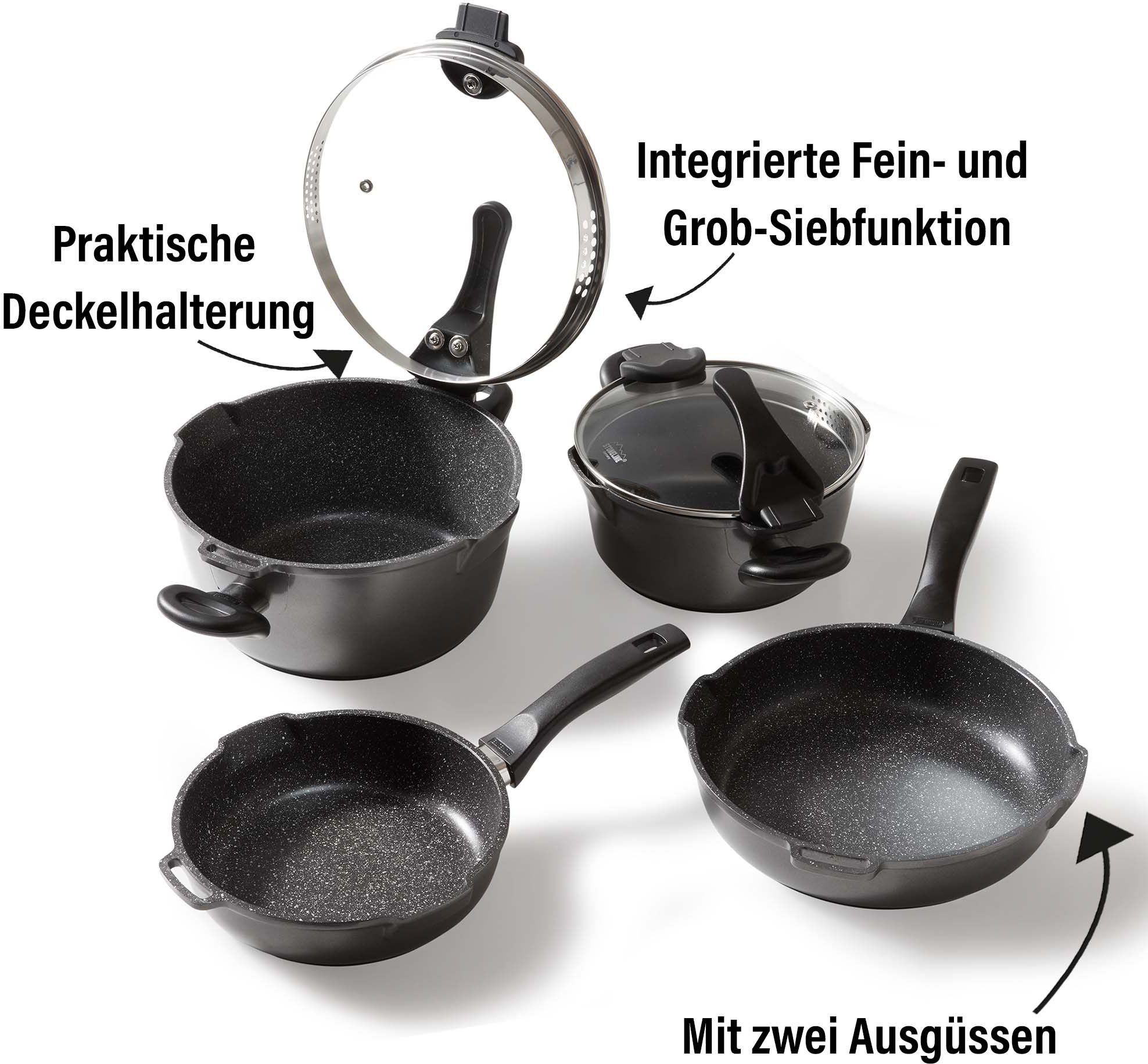 STONELINE Topf-Set Future, Aluminiumguss (Set, 8-tlg., Kochtopf 20/24, Stieltopf 18 cm, Schmorpfanne 20/24 cm), Induktion