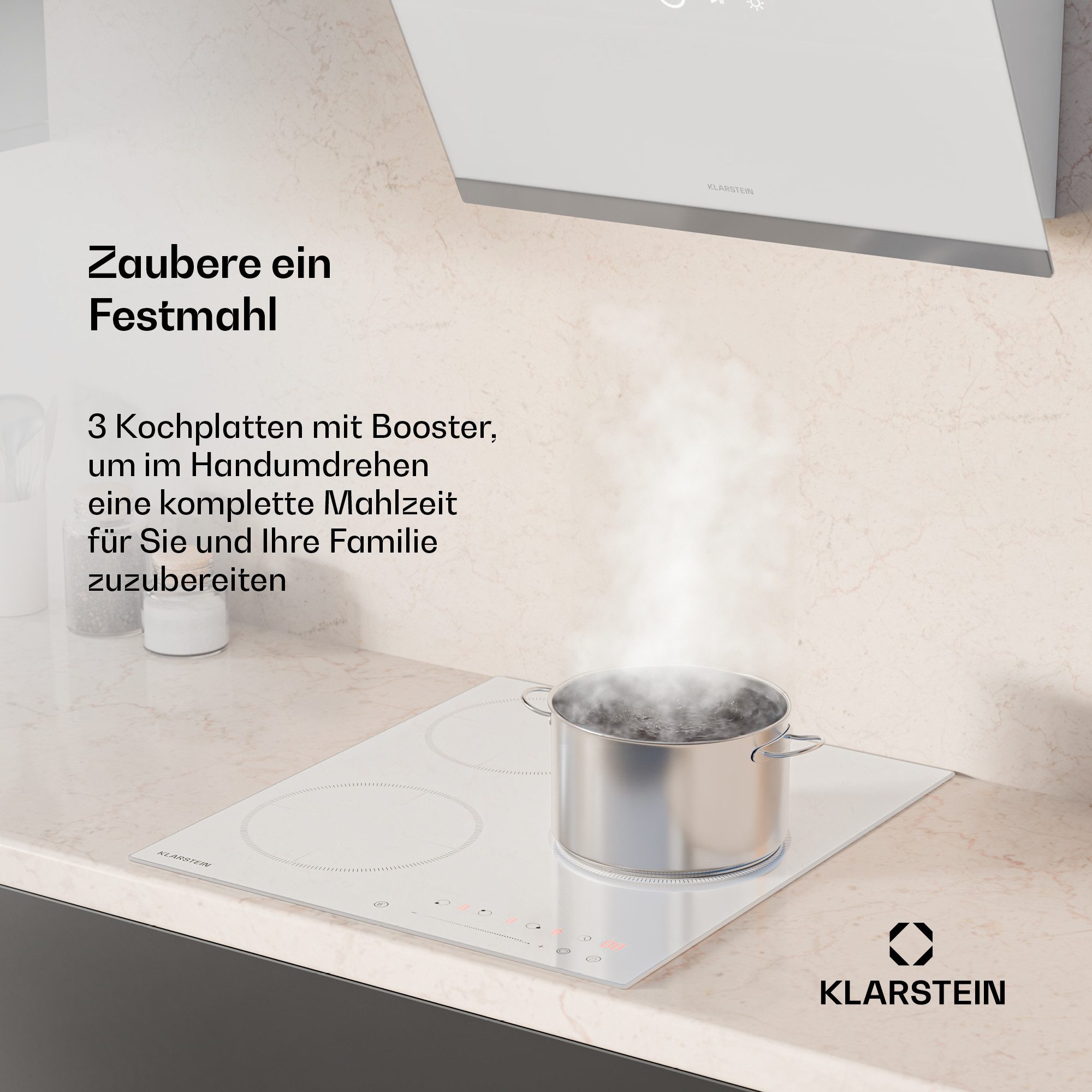 Klarstein Induktions-Kochfeld Delicatessa 45 Induktionskochfeld 45 cm 6600W 3 Zonen Slider Boost, Einbau-Kochfeld autark Glaskeramik 45 cm mit Touch & Restwärme