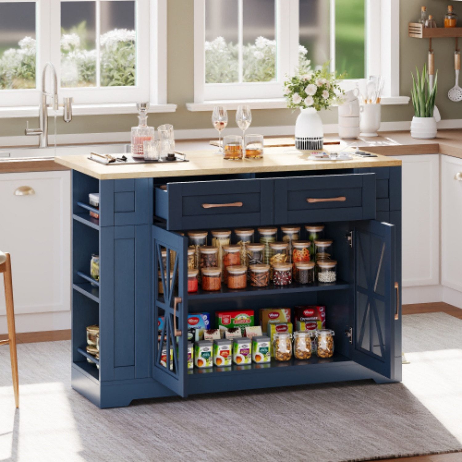 ANYSUN Kücheninsel Mit Arbeitsplatte, mit Rollen, erweiterbar,Küchenwagen 120 cm, Offenes Regal mit Steckdose & USB für Küche, Ess- & Wohnzimmer
