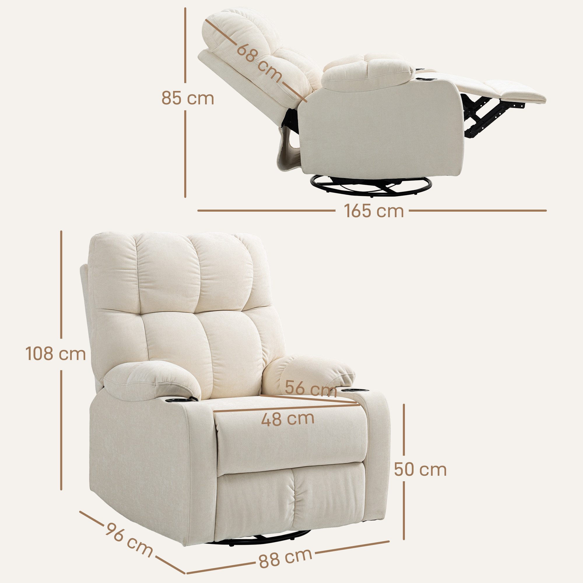 HOMCOM Relaxsessel Fernsehsessel mit Liegefunktion, Schaukelfunktion (Drehbar TV-Sessel mit Fußstütze, 1-St., Taschenfederkern, Becherhalter), für Wohnzimmer, Beige