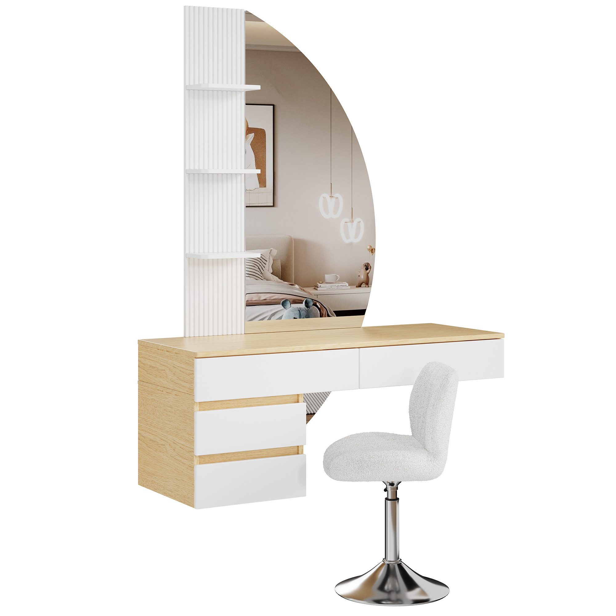 HOMALL Schminktisch Hängender Schminktisch mit drei einstellbaren Farbtemperaturen (LED-Silikon-Lichtleiste in drei Farben, Maße: 106 × 40 × 143 cm, mit 3 offenen Ablagefächern und 2 Schubladen, für vielfältige Einsatzmöglichkeiten geeignet)