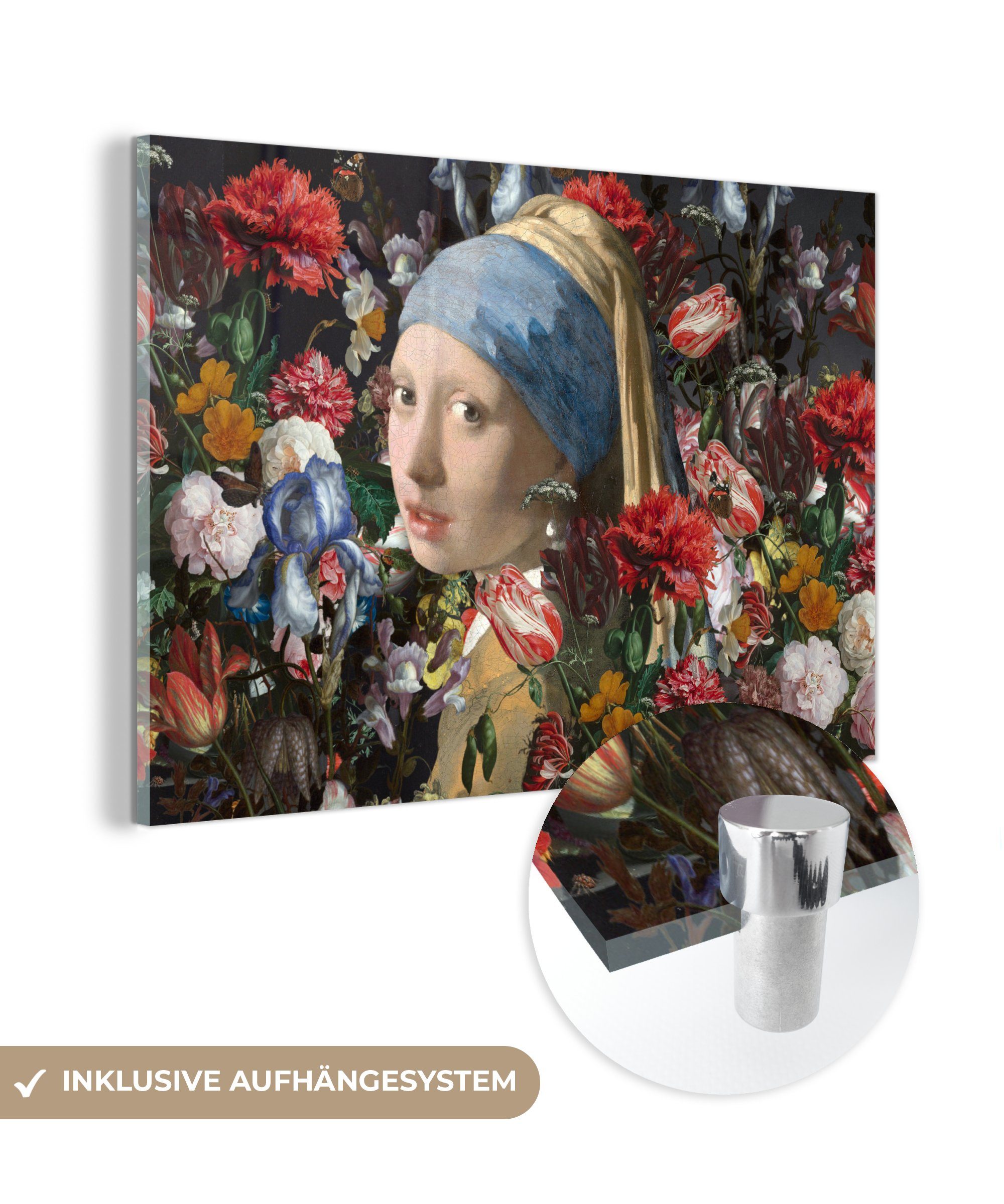- bunt Schlafzimmer Das Acrylglasbild mit Vermeer Johannes Blumen, Mädchen dem & St), Perlenohrring Wohnzimmer - Acrylglasbilder (1 MuchoWow