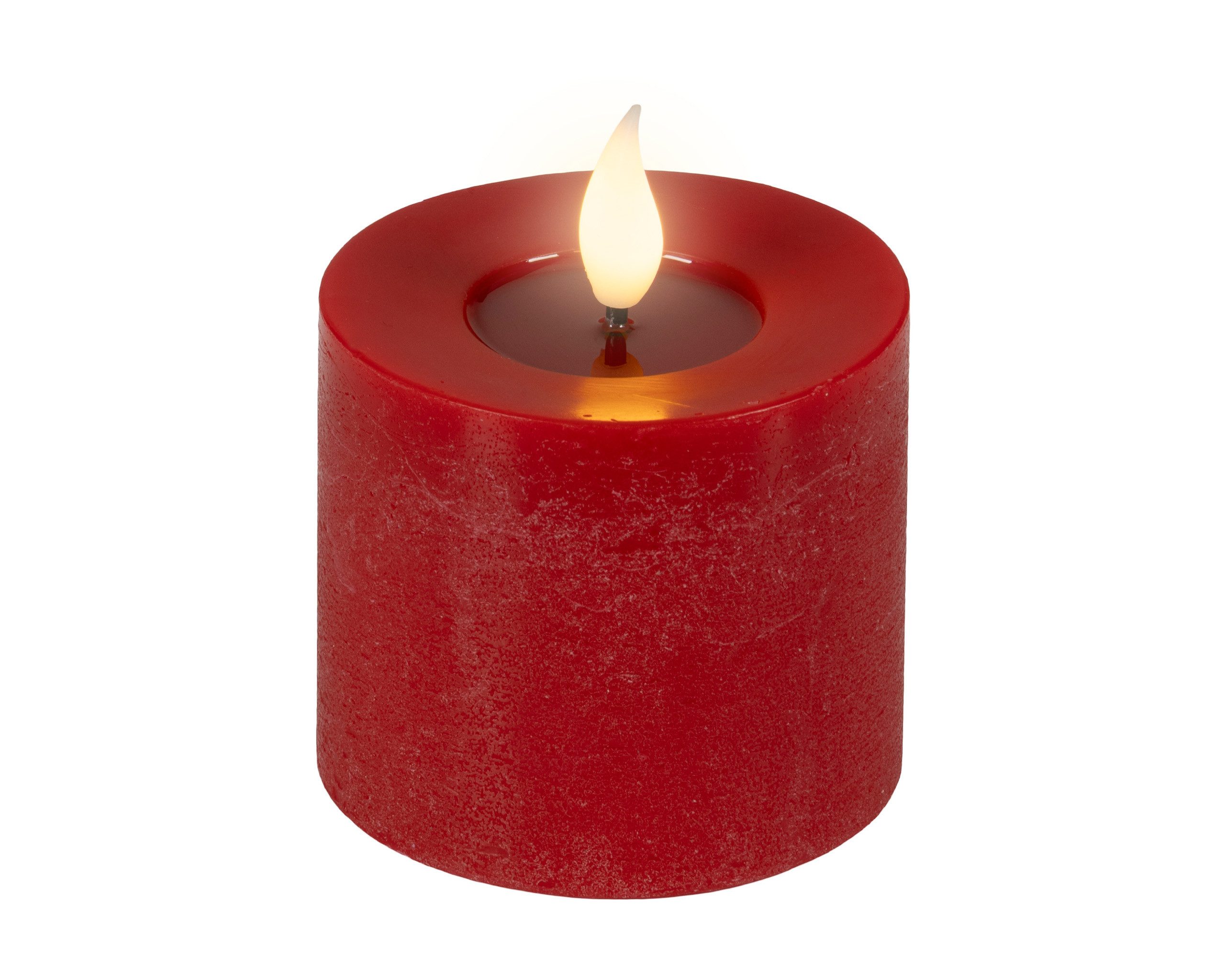 Lumineo LED-Kerze, Timer, warmweiß, LED Kerze 7,5x9,5cm mit Timer - Wachs Flacker-Effekt Rot Warmweiß