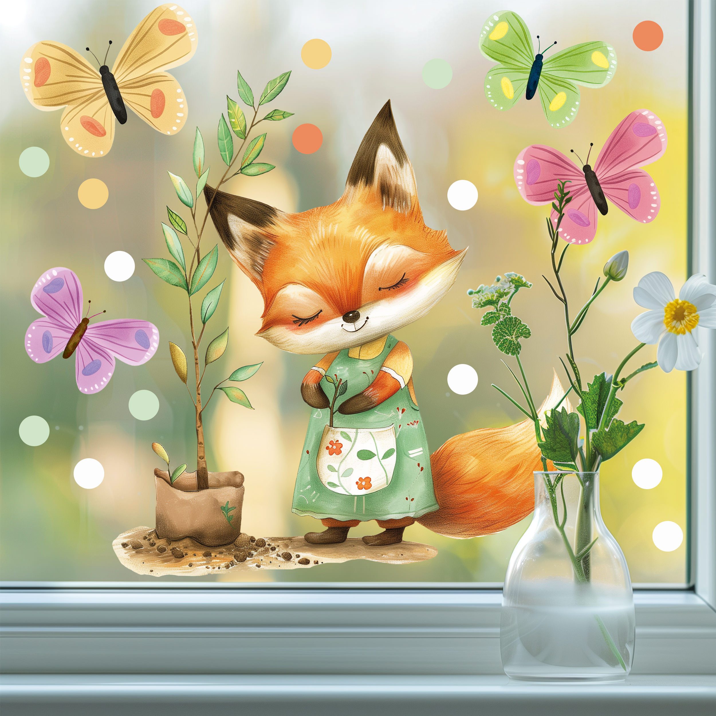 Sunnywall Fensterdekoration wiederverwendbares Fensterbild Fuchs Gärtner Baum Gärtnerin, wiederverwendbar, statisch haftend, beidseitiger Druck