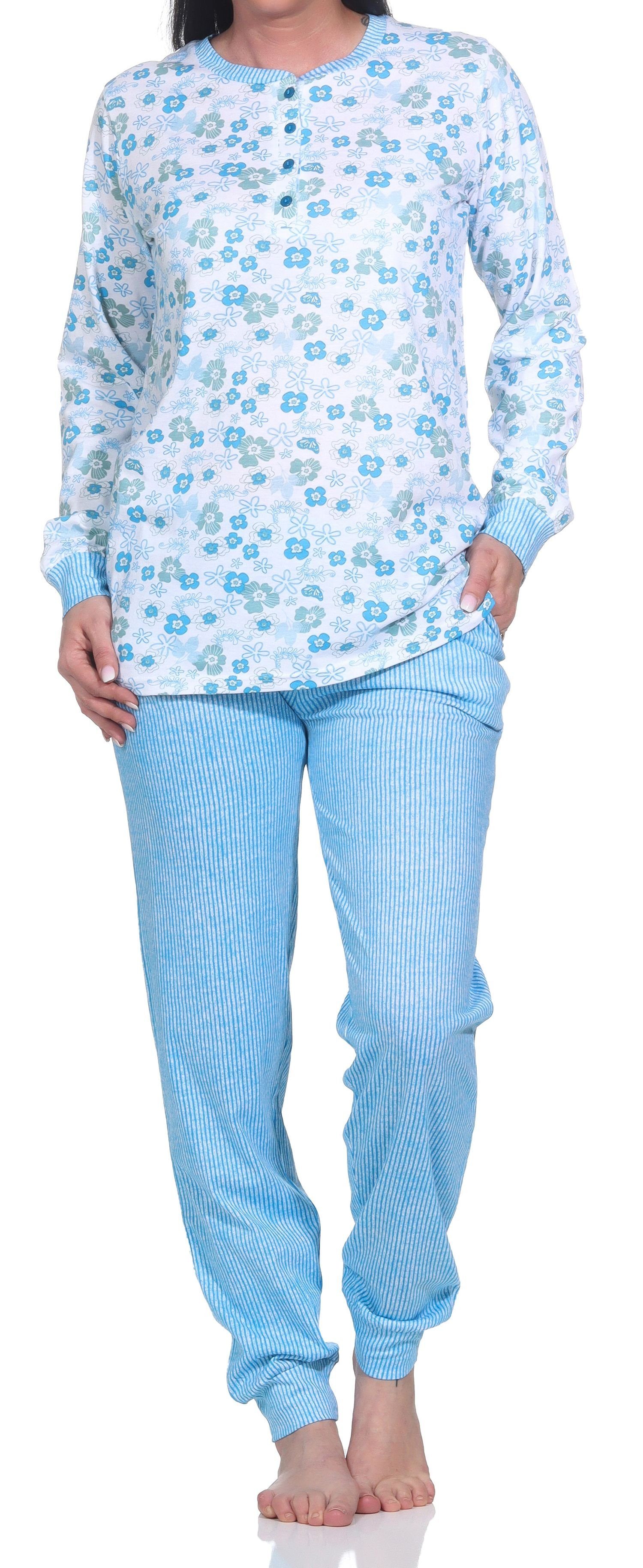 Normann Pyjama Damen Schlafanzug mit Bündchen, Pyjama Hose in feiner Streifenoptik blau