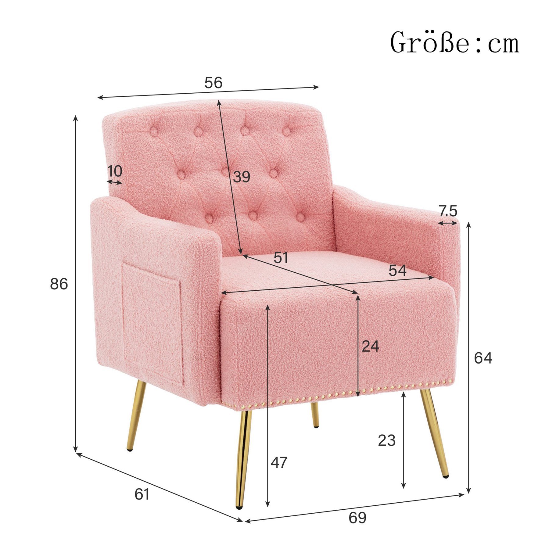 Celya Sessel mit rosa Sessel Sofastuhl,lässiger Seitentaschen,gepolsterter Relaxsessel