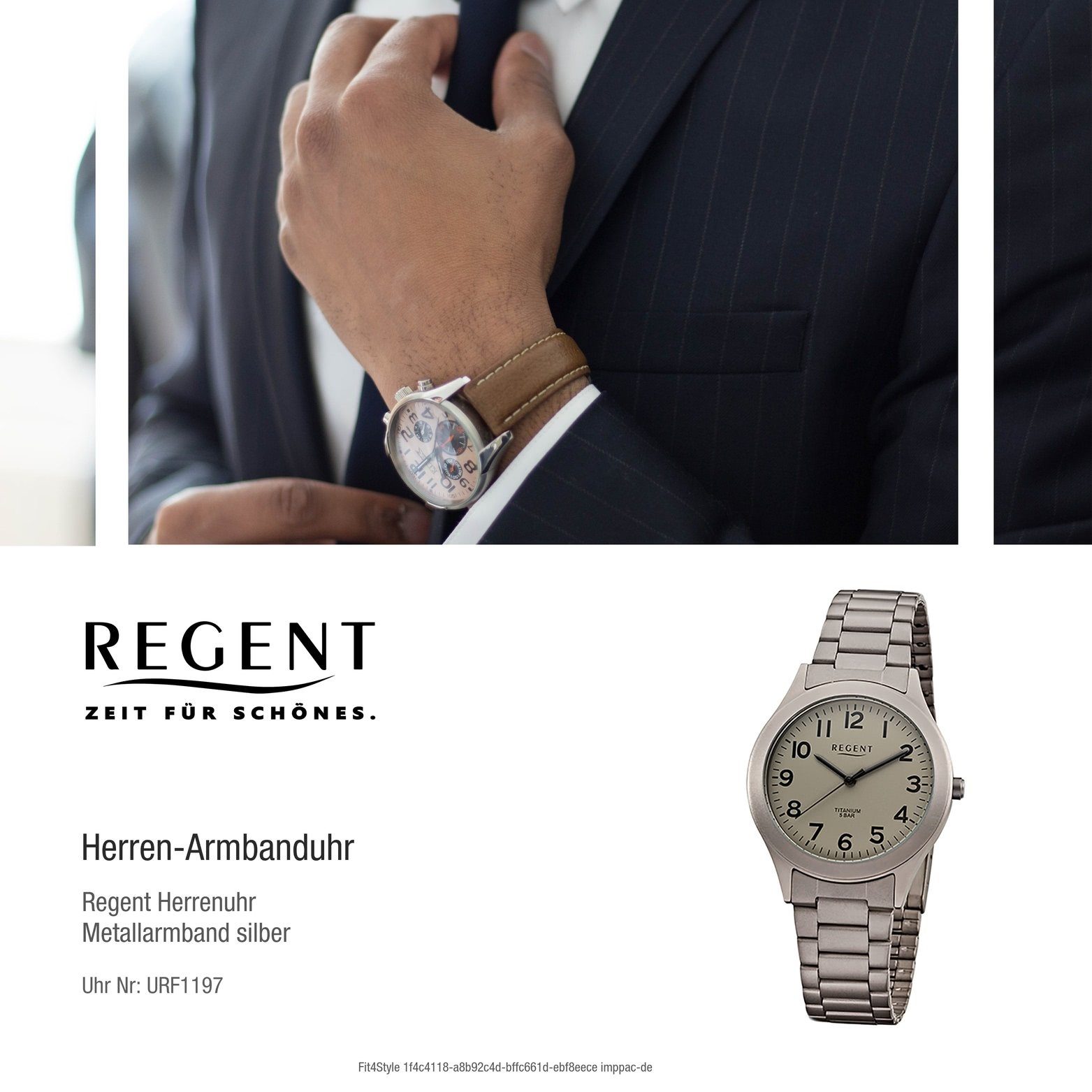 Regent Quarzuhr Gehäuse, Analog, Herrenuhr Herren silber, Metall (ca. Regent F-1197 Metallarmband rundes 37mm) Uhr mittel