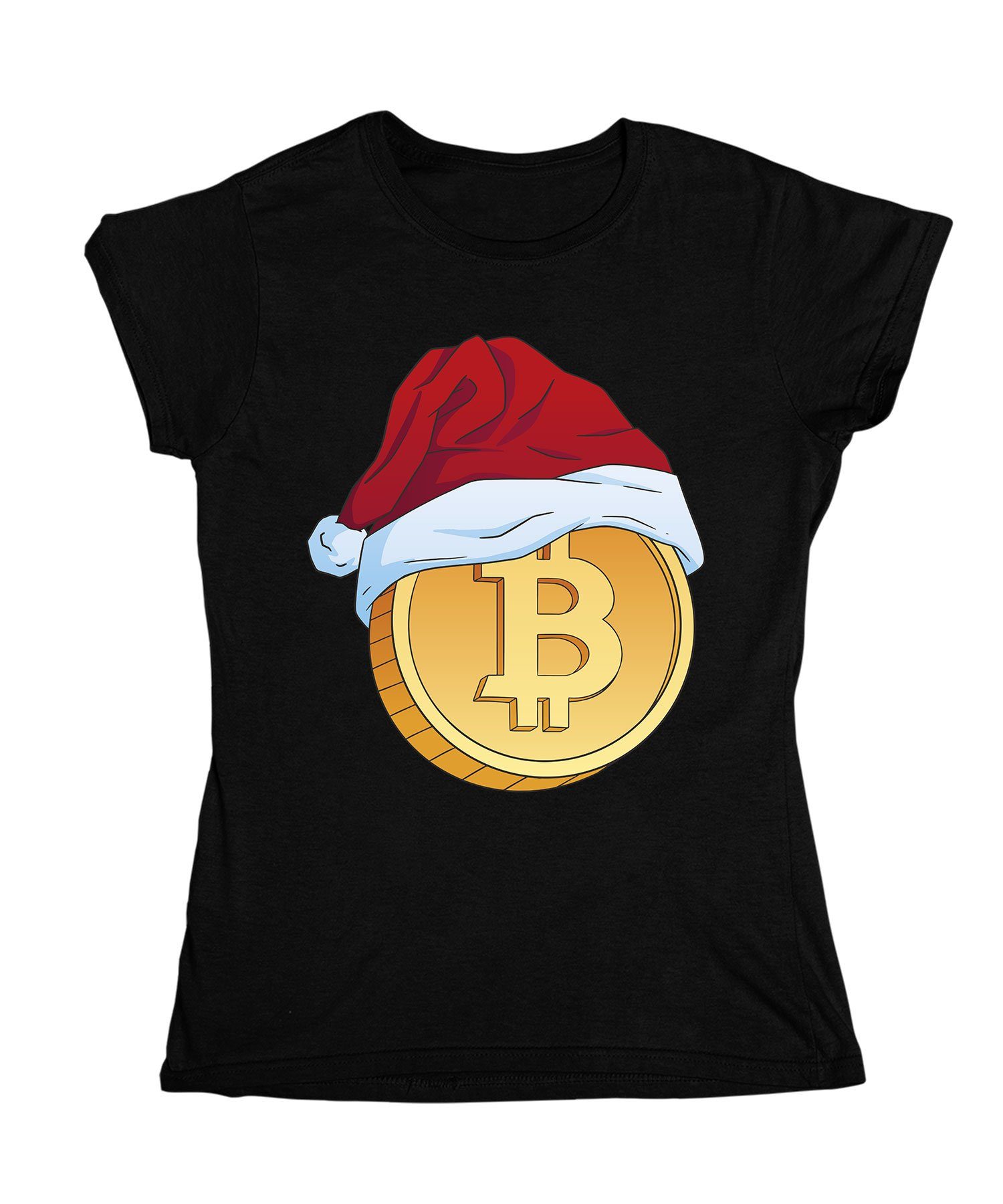 Quattro Formatee Kurzarmshirt Bitcoin Weihnachtsmütze Kryptowährungen Damen (1-tlg)