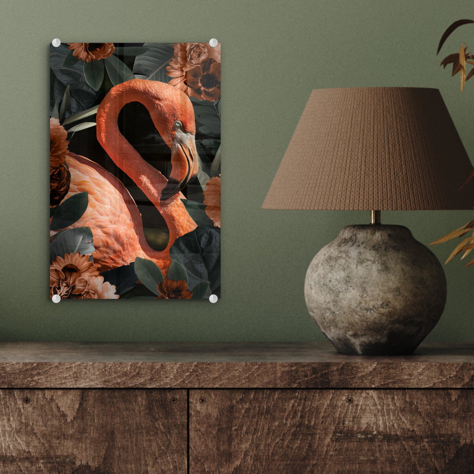 Wanddekoration - auf (1 Foto auf - Bilder Glas Acrylglasbild - Blätter, - bunt Flamingo Glasbilder MuchoWow Wandbild - Glas Rosa St),
