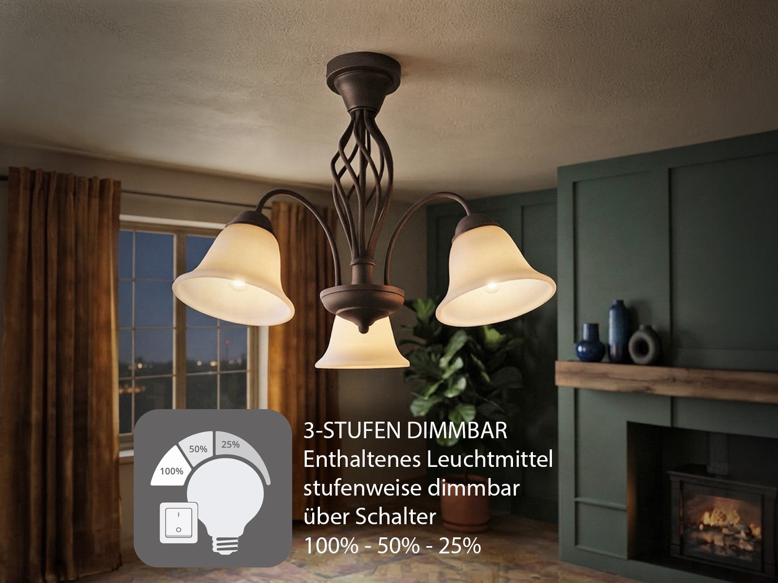 TRIO Leuchten LED Deckenleuchte Rostoptik mit Glas-Schirmen Ø 55cm, Dimmfunktion, LED wechselbar, Warmweiß, große Deckenlampe Landhaus-Stil inkl. E14 LEDs – Bild 4 von 5