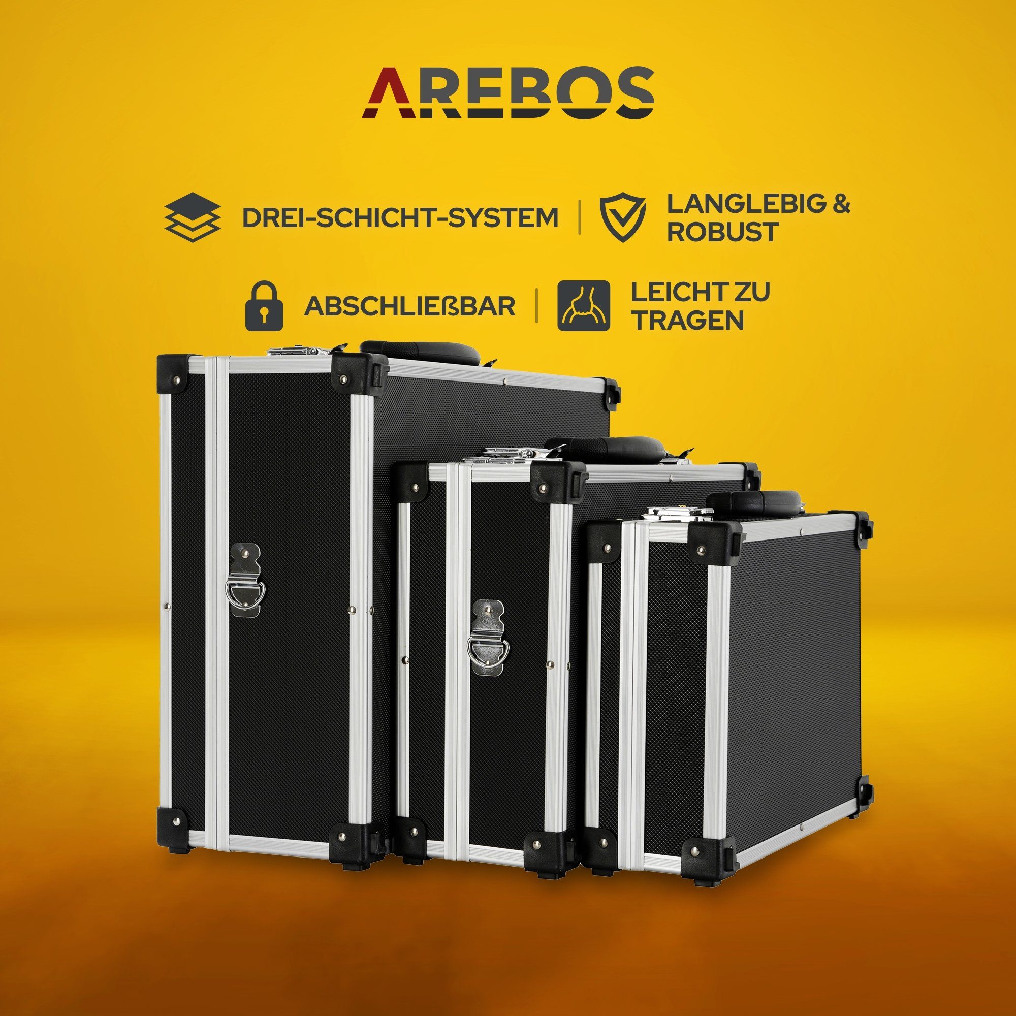 Arebos Werkzeugbox 3er Set Transportkoffer, abschließbar, Tragbar (3 St., Aluboxen klein schwarz)